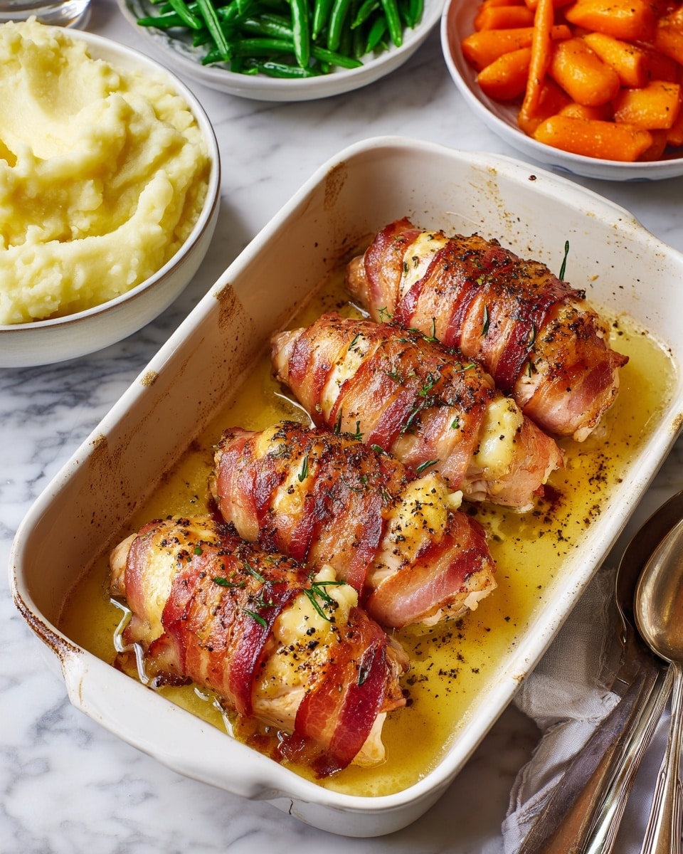 The image shows four pieces of wrapped chicken in a white baking dish with browned, melted cheese on top. Each chicken piece is wrapped in crispy red bacon strips, creating a layered look with the white chicken inside, red bacon around it, and a golden-brown cheese layer on the outside. The baking dish contains a dark brown sauce that pools around the chicken, making the edges darker. Around the dish, there are side dishes visible, including a white bowl filled with smooth, creamy mashed potatoes, and a white bowl filled with bright orange carrot slices. The background has a white marbled surface, and there is a shiny silver fork and spoon next to the dish. Photo taken with an iphone --ar 4:5 --v 7