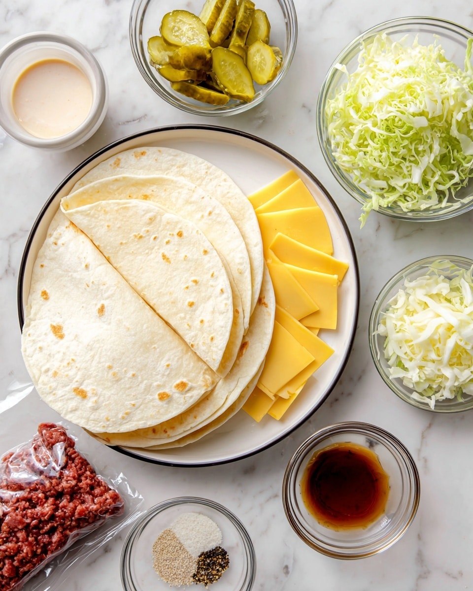 The image shows a white plate with a black rim holding three round white tortillas stacked, with seven bright yellow square cheese slices placed fanned out on the lower side of the tortillas. Around the plate are small clear glass bowls arranged on a white marbled surface: one has sliced pickles with visible seeds and a green-yellow color, another has green shredded lettuce, one holds finely chopped white onions, another contains a brown sauce, a bowl with a pale pink creamy sauce, one with a mix of salt, black pepper, and light brown powdered spices, and a small bowl of clear liquid. In the lower left corner, there is a red wrapped package of ground beef. photo taken with an iphone --ar 4:5 --v 7