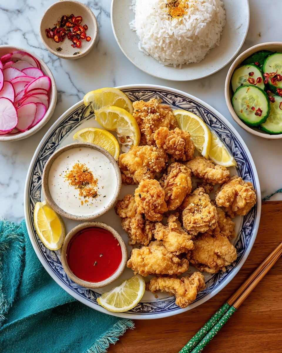 The image shows a round, deep blue plate filled with golden-brown fried chicken pieces scattered evenly across the plate. There are three lemon wedges placed around the chicken on the edges of the plate. Two small white bowls rest near the top edge of the plate, one filled with creamy white sauce sprinkled with orange spice on top, and the other with bright red sauce. Nearby, a small white bowl holds green sliced pickles, and another small white bowl contains pink and white sliced radishes. A pair of wooden chopsticks with green and white patterns lie on the left side, resting on a white cat-shaped chopstick holder. The whole scene sits on a white marbled textured surface with a blue cloth partially visible at the bottom. Photo taken with an iphone --ar 4:5 --v 7
