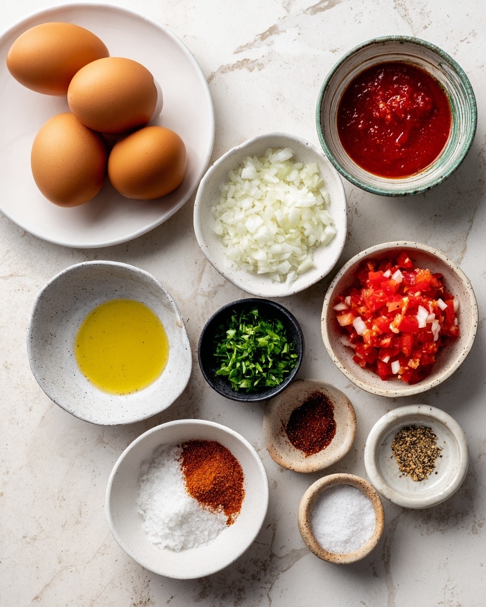The image shows a flat lay of several small bowls and a plate arranged neatly on a white marbled surface. There are four brown eggs on a white plate placed on the left side. Around it, small bowls hold various ingredients: clear yellow oil in a white bowl, coarse white salt in a small gray bowl, finely chopped white onions in a small black bowl, chopped fresh green herbs in a small white bowl with a light brown rim, and a bright red-brown spice mix in a white bowl. To the right, one white bowl contains chopped red tomatoes and another white bowl holds a thick red sauce. Additionally, there are two tiny white speckled bowls with finely ground brown spices. The arrangement is clean and orderly, and the colors of the ingredients contrast softly against the neutral white marbled surface. photo taken with an iphone --ar 4:5 --v 7