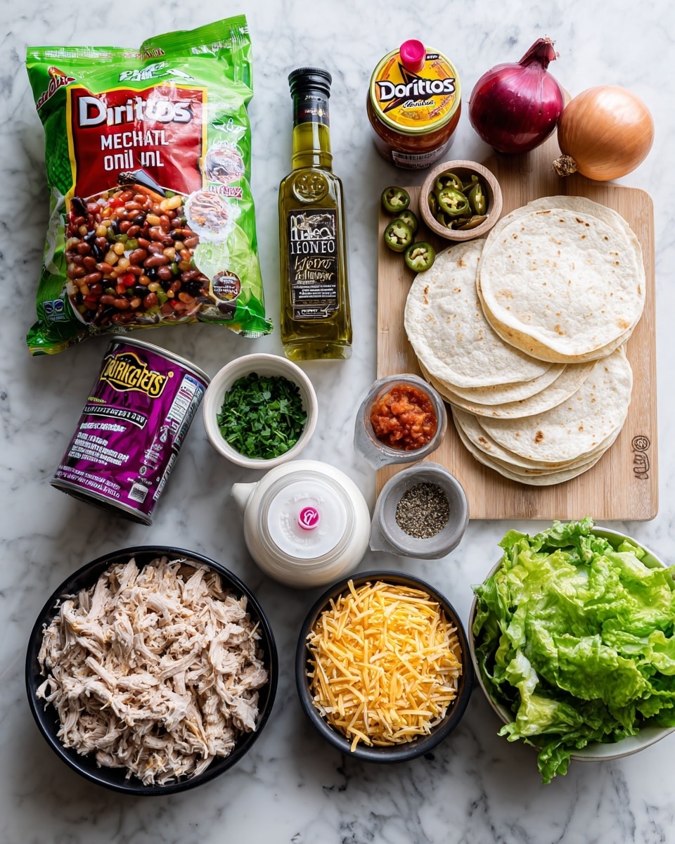 The image shows an overhead view of various ingredients for making a Mexican dish, all placed neatly on a wooden board set on a white marbled surface. On the left side, there is a green and red bag of spicy Mexican rice, a bottle of avocado oil with a dark green label, a can of mixed beans with a purple label, and a jar of mild salsa topped with a Doritos label. Nearby, there is a jar of sliced jalapenos and small containers of fajita seasoning and a white yogurt pot with pink and white labeling. Moving right, a small black bowl holds chopped green herbs, and next to it, a bag of six large white tortillas with a yellow and red label and a whole onion are placed on top. On the lower right, there is a bowl of shredded cooked chicken, a leafy green lettuce head, a small black bowl of salt, another with black pepper, and a small bowl of shredded yellow cheese in the bottom center. The layout is clean and colorful. photo taken with an iphone --ar 4:5 --v 7
