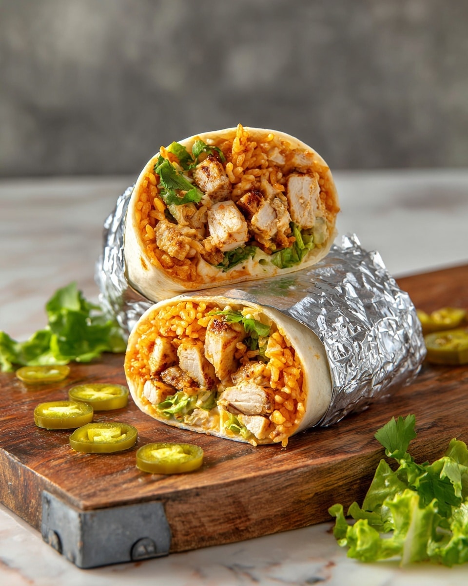 Two tortilla wraps cut in half and stacked on top of each other fill the center, wrapped with shiny silver foil around the outside bottom half. The wraps show layered fillings inside, including orange rice with grains, light brown shredded chicken pieces, green leafy cilantro, shredded white cheese, and bits of green and red vegetables, all tightly packed. They rest on a wooden board with a metal plate attached to the side. On the left side of the board, layers of fresh green lettuce leaves and three light green pickled jalapeño slices sit. The background is a plain light gray, and the surface under the board has a clean white marbled texture, with small cilantro leaves scattered. photo taken with an iphone --ar 4:5 --v 7