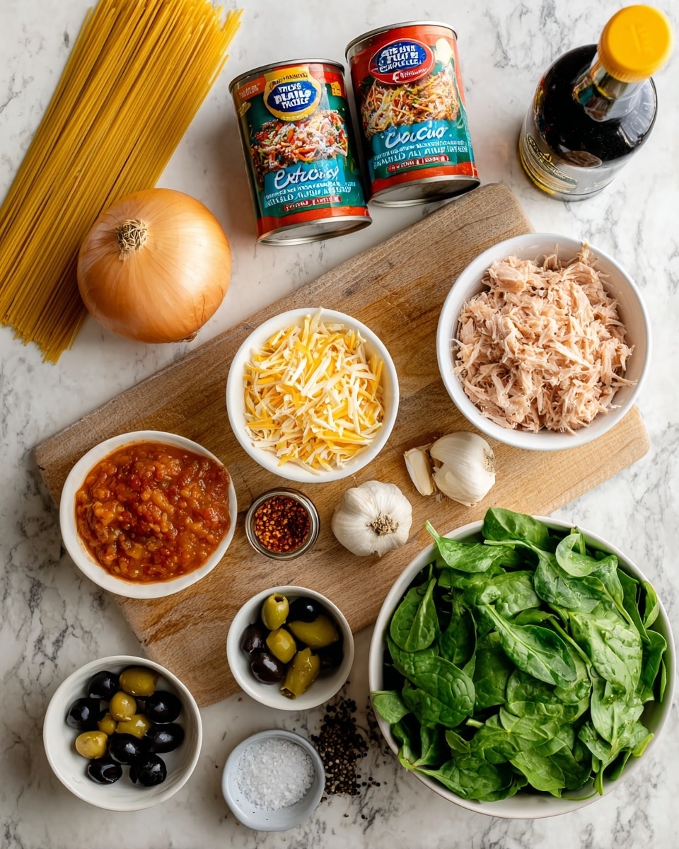 A wooden cutting board on a white marbled surface holds various cooking ingredients arranged neatly. There is a large onion, two cans of chopped tomatoes with red and blue labels placed side by side, a white bowl filled with shredded cheese, and another white bowl holding shredded tuna. A small jar labeled
