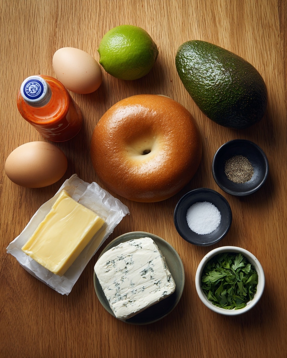 The image shows a wooden surface with various ingredients placed neatly on it. There is a whole bagel in the center, light brown and slightly shiny, with a smooth texture. Above the bagel on the right side lies a dark green avocado with a rough skin. To the left of the avocado are two light brown eggs, smooth and oval-shaped. On the far left, there is a partially empty bottle of sweet chili sauce with an orange-red color inside a clear glass bottle with a blue lid. Above the bottle, there is a bright green lime. Below the lime, there is a small white dish with a yellow butter slice inside. Next to the butter, a white wrapped block of feta cheese with blue and red print is placed. To the right of the bagel, two small black bowls sit side by side; one contains white salt, and the other black pepper. A small white bowl filled with chopped green herbs (likely parsley) is to the right bottom corner. The whole arrangement sits on a smooth wooden table. photo taken with an iphone --ar 4:5 --v 7