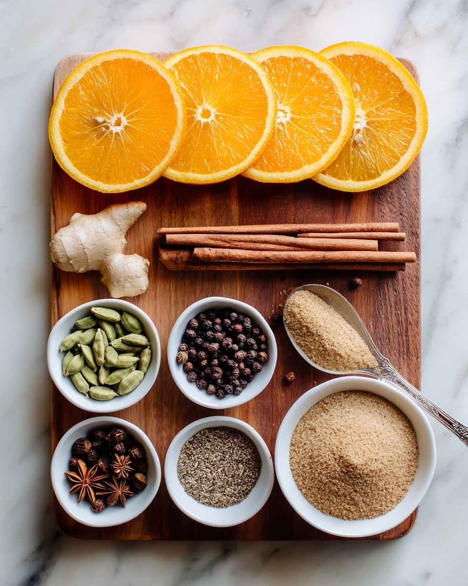 The image shows a wooden board on a white marbled surface, topped with five bright orange slices arranged in a row at the top. Below the orange slices, there is a small piece of light beige ginger. In the center, three brown cinnamon sticks are placed in a loose bundle. To the right, a small white bowl contains dark brown whole cloves and black peppercorns. At the bottom left, a small white bowl holds five pale green cardamom pods. Next to it, another small white bowl has star anise and nutmeg. On the bottom right, a larger white bowl filled with light brown sugar is shown. A woman's hand is holding a spice stick above the arrangement. Photo taken with an iphone --ar 4:5 --v 7