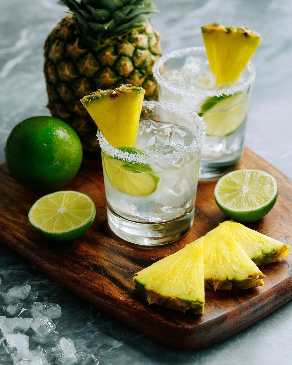 Two clear glasses with salt-rimmed edges each hold a single large ice cube and a small yellow-green pineapple wedge on the edge. The glasses are placed on a dark wooden board with visible grain texture. On the board are two triangular slices of bright yellow pineapple with green edges. Next to the board on a white marbled surface rests a whole green and yellow pineapple, a whole green lime, and a lime half showing its light green inside. Photo taken with an iphone --ar 4:5 --v 7