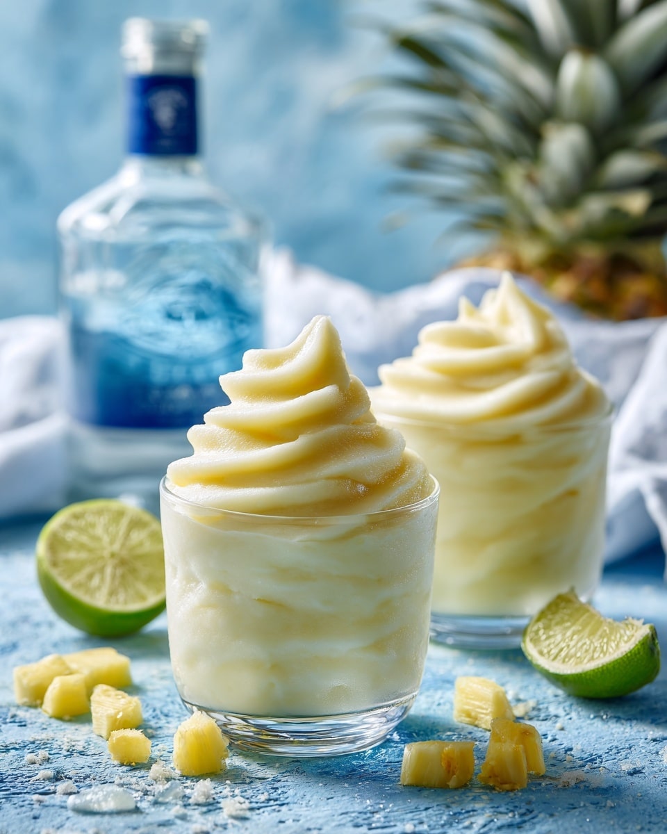 Two clear glass cocktail glasses are filled with a smooth, pale yellow frozen drink swirled in a soft peak at the top. The glasses stand against a white marbled surface covered with small yellow pineapple chunks scattered around, along with a sliced lime half. In the background, a clear bottle with a turquoise label adds height and context. A white cloth is casually placed to the left side. The setting is bright and fresh, highlighting the creamy texture and light color of the frozen drink. photo taken with an iphone --ar 4:5 --v 7