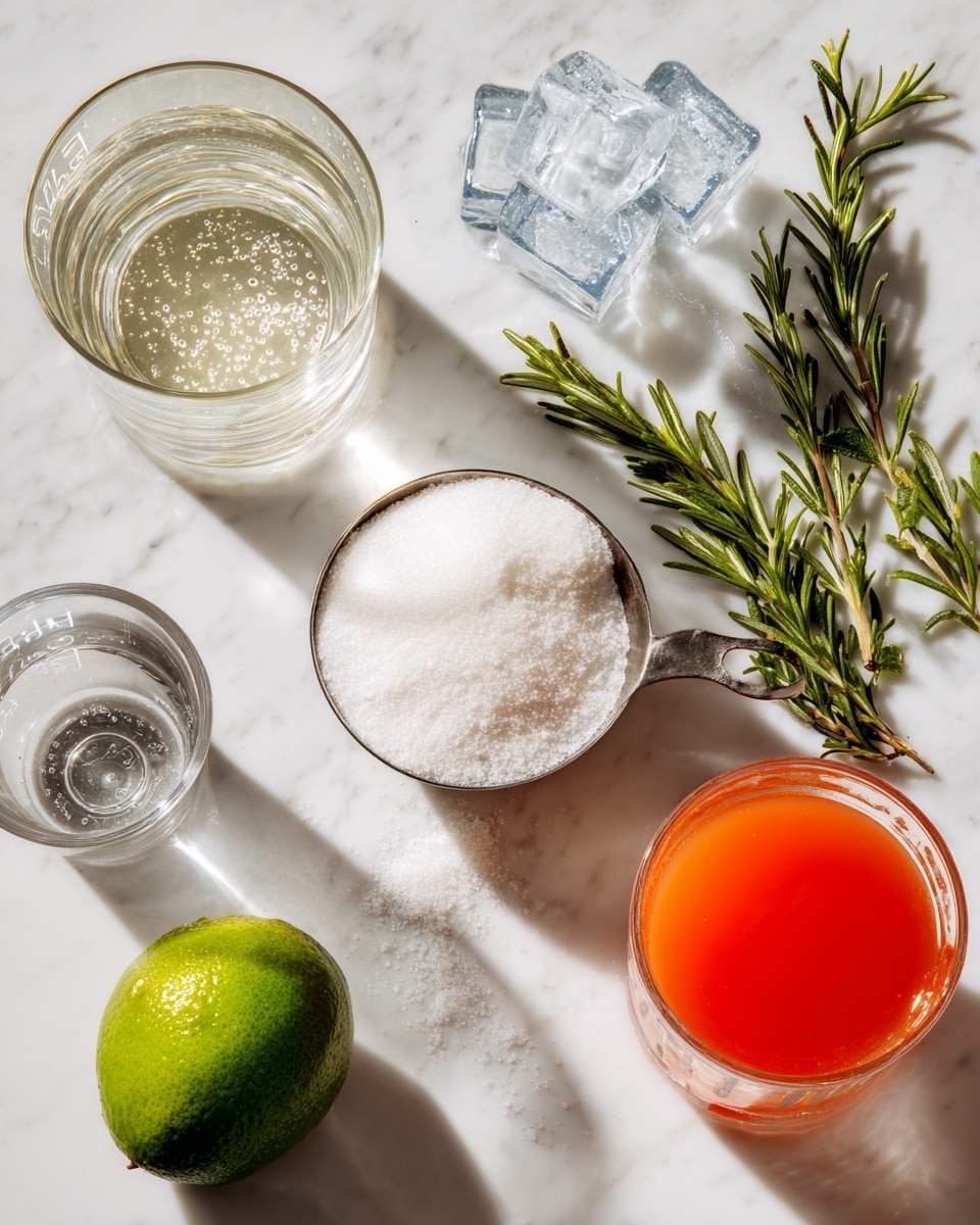 The image shows various drink ingredients spread out on a white marbled surface. There is a glass of clear water with bubbles on the top left, a metal measuring cup filled with white granulated sugar in the center, and a glass filled with ice cubes on the right side. Near the top right, there are three fresh green rosemary sprigs. On the lower left, there is a whole green lime, and near the bottom, a metal measuring cup with clear liquid is placed. Lastly, towards the lower right, there is a glass filled with a bright orange-red liquid, likely juice. photo taken with an iphone --ar 4:5 --v 7