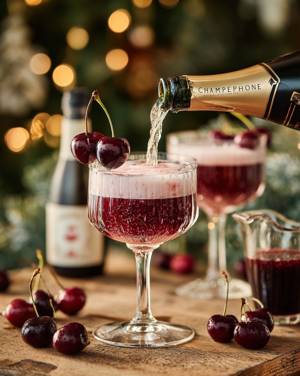The image shows a clear glass coupe filled with bright red cherry drink, topped with a thin layer of pink foam. Three fresh red cherries with stems are placed on the side of the glass rim. Champagne is being poured into the glass from a bottle, the golden label of which is partly visible. The surface is a wooden table scattered with whole red cherries, with a small clear glass pitcher filled with a similar red liquid nearby. In the blurred background, warm yellow lights and green decorations suggest a festive setting. photo taken with an iphone --ar 4:5 --v 7