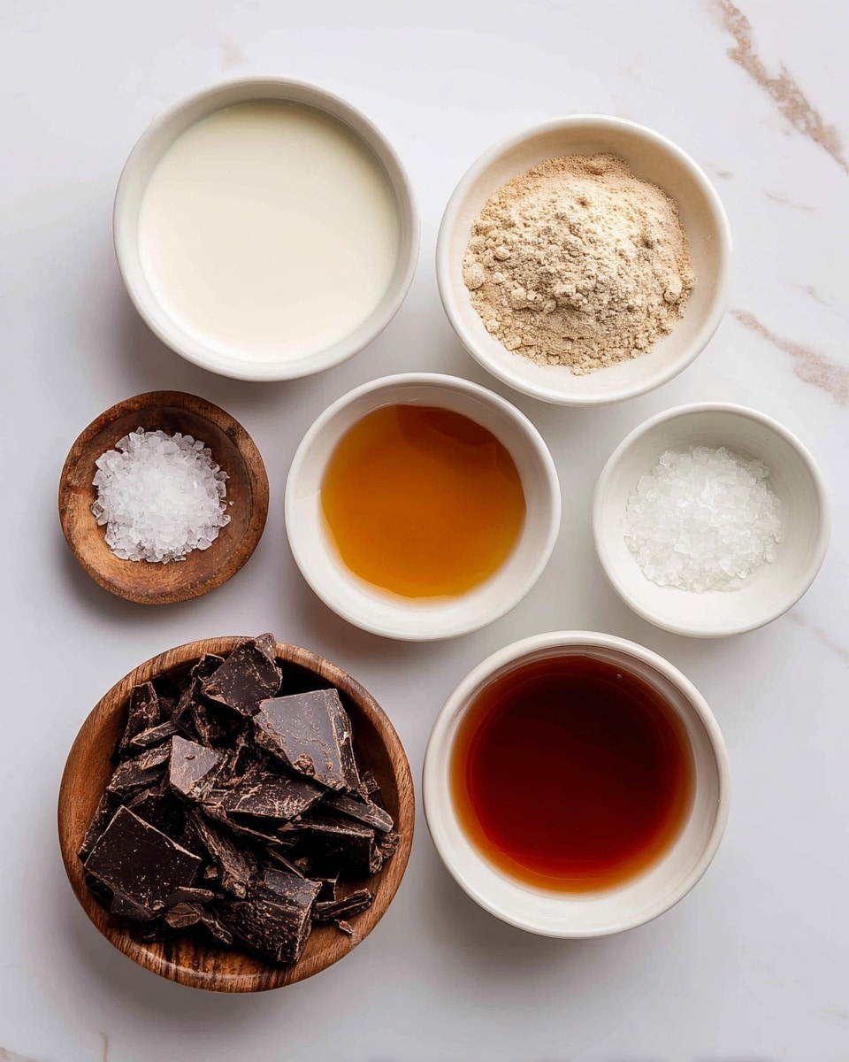 The image shows six small white bowls arranged on a white marbled surface. The top left bowl holds a creamy white liquid with a smooth texture. Next to it, on the right, is a bowl filled with light brown powder, looking dry and fine. Below these, there is a shiny amber liquid in a white bowl on the left, and next to it, a clear reddish-brown liquid fills another white bowl. Below all is a white bowl full of dark chocolate pieces that look rough and broken into chunks. On the left side, there is a tiny wooden bowl containing white salt crystals. The layout is simple and clean, focusing on the different colors and textures of the ingredients. photo taken with an iphone --ar 4:5 --v 7