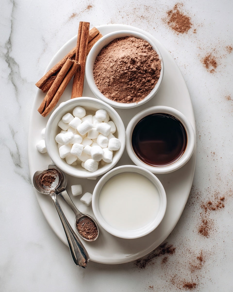 The image shows a white oval plate on a white marbled surface holding five small white bowls arranged in a loose cluster. The top bowl is filled with brown cocoa powder with a fine, powdery texture. To the right of it is a small bowl with dark brown liquid, smooth and shiny. Below that is a bowl filled with white milk, smooth and reflective. At the bottom left is a bowl with small, white marshmallows, soft and puffy. To the left of all the bowls, resting on the plate, are three cinnamon sticks and two measuring spoons, one containing a small amount of brown powder. The whole setting looks clean and neat, with a few scattered cocoa powder specks around the plate. Photo taken with an iphone --ar 4:5 --v 7