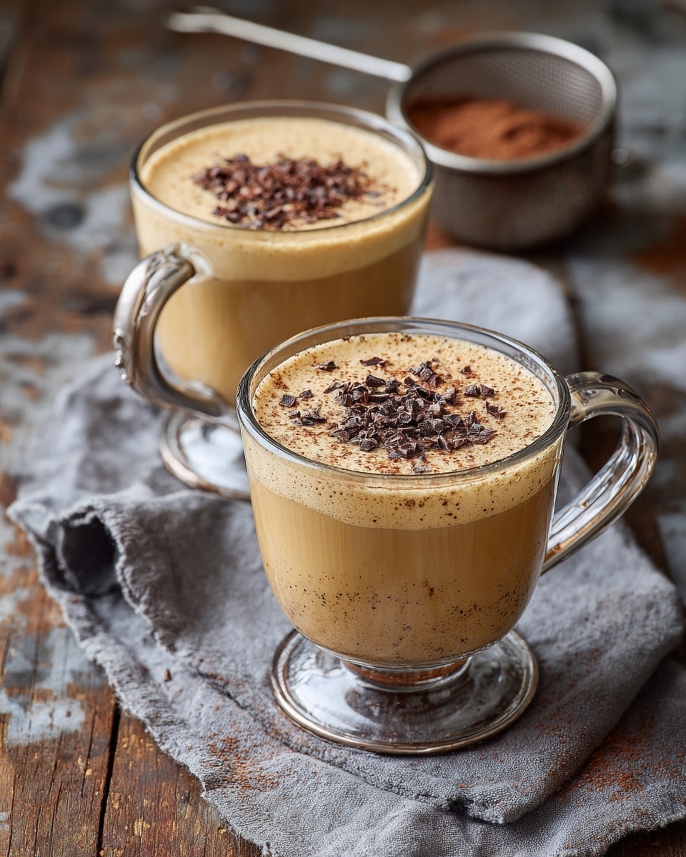 The image shows two clear glass cups with metal handles filled with light brown coffee topped with a thick layer of frothy cream and sprinkled with dark chocolate shavings. The cups are on a wooden surface with a blurry background that includes a metal tea strainer filled with cocoa powder resting on a blue cloth. The texture of the creamy top is smooth with small bubbles and the chocolate shavings add a rough texture on top. photo taken with an iphone --ar 4:5 --v 7