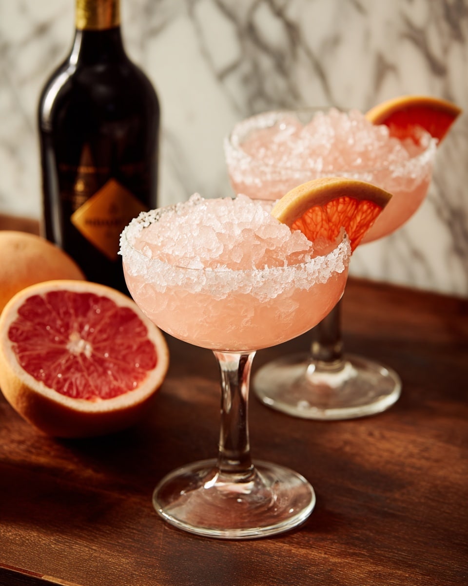 A pink frozen drink fills a clear glass, with a white sugar rim around the top edge. On top of the icy, soft-textured drink sits a round orange slice, bright and fresh. The glass has a round bowl shape perched on a clear stem, all set against a white marbled surface with blurred citrus fruit halves in the background. Photo taken with an iphone --ar 4:5 --v 7