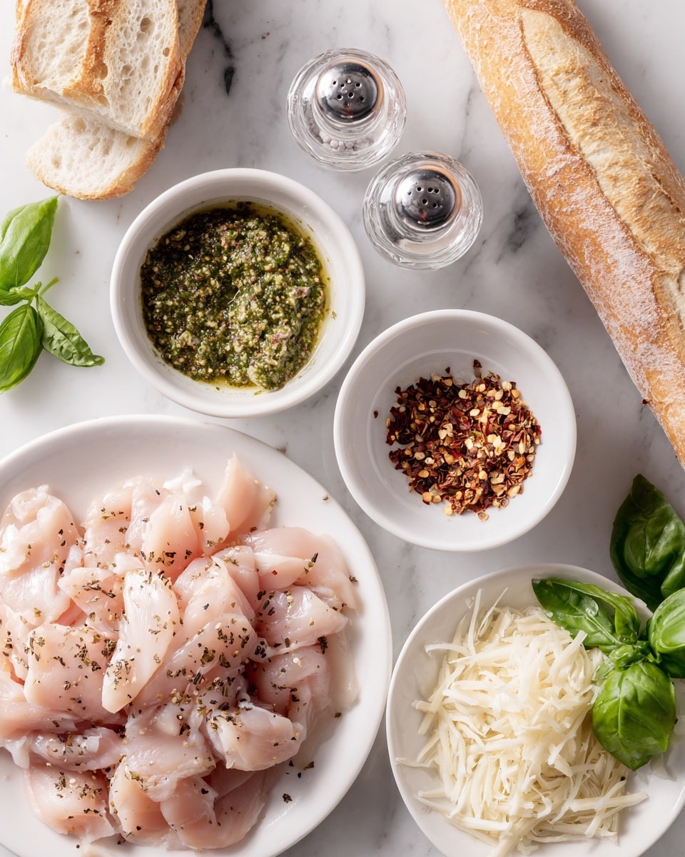 The image shows a flat layer of raw, pale pink chicken seasoned with black pepper on a white round plate in the lower left; above it are two small white bowls, one filled with a green chunky pesto sauce and the other with a mix of red chili flakes and light brown garlic powder. Two clear glass salt and pepper shakers with silver tops sit above these bowls on a white marbled surface. To the right, a long, lightly browned baguette with a cracked crust rests vertically. In the lower right corner, another small white bowl holds shredded white cheese. Fresh green basil leaves are scattered near the edges. Photo taken with an iphone --ar 4:5 --v 7