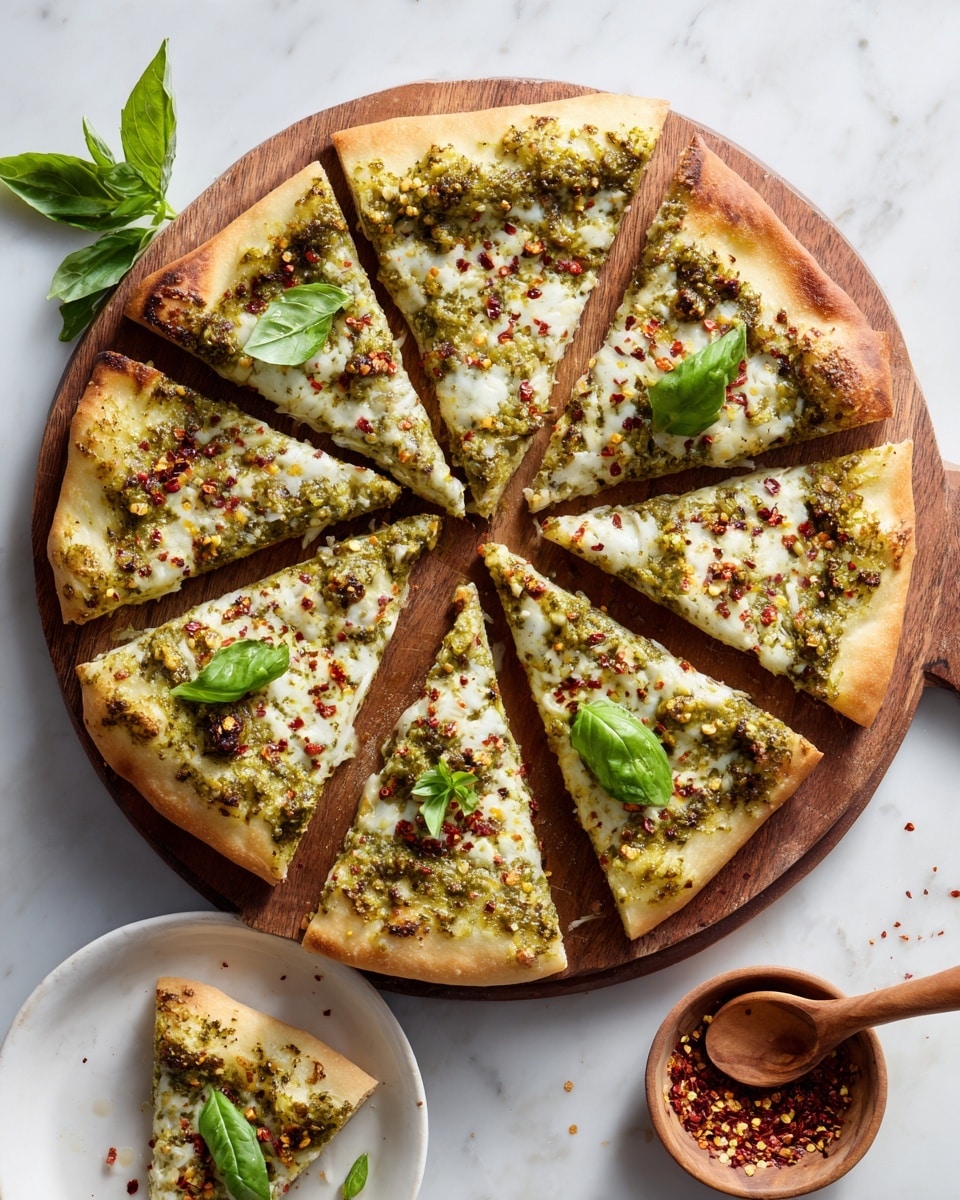 The image shows a round wooden board holding several small pieces of cheesy bread topped with melted white cheese, a greenish layer of pesto sauce, and small flakes of red chili sprinkled on top. Each piece is rectangular with a crispy golden-brown crust. Fresh green basil leaves are placed in between some bread pieces. To the right side of the board, there is a small wooden bowl filled with grated cheese and a wooden spoon inside it. The background is a white marbled texture with a soft striped cloth partially visible at the bottom left corner. Photo taken with an iphone --ar 4:5 --v 7