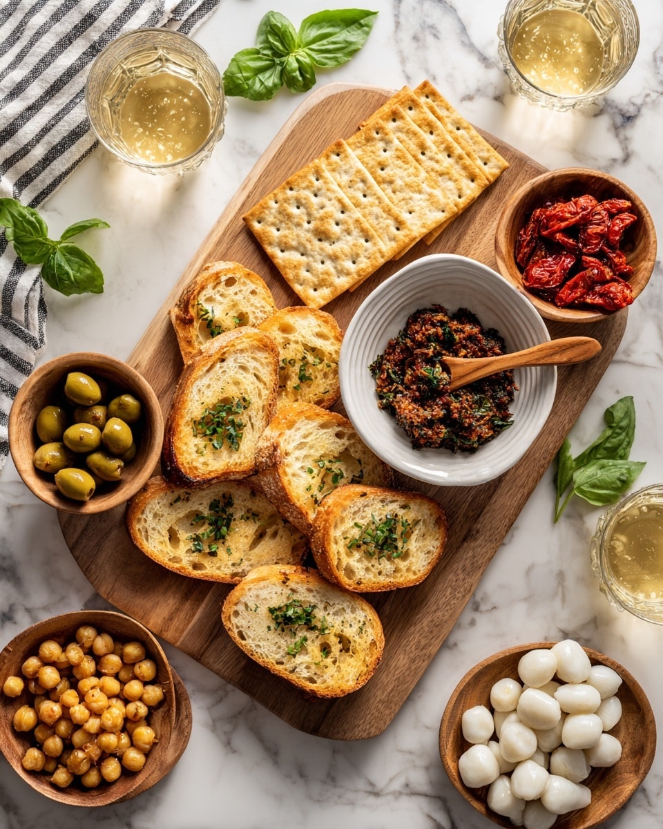 A wooden board sits on a white marbled surface, holding several slices of golden toasted bread with a light sprinkling of green herbs on top, arranged mostly at the bottom and right of the board. Near the top left of the board, there are several rectangular, lightly speckled crackers resting on the surface. In the center of the board is a white bowl filled with a chopped olive tapenade, dark and textured with bits of red and green, with a wooden spoon inside it. To the right of this bowl is a small wooden bowl with green and dark purple olives. Nearby is a small white bowl with bright red sun-dried tomatoes. At the bottom right of the board, a white bowl contains small white mozzarella balls soaked in oil, with a spoon inside. To the left of the board, another small white bowl holds roasted chickpeas. Fresh basil leaves are scattered around the board for decoration. A cloth napkin with black stripes peeks in from the bottom left edge. Several glasses with a light golden drink sit on the white marbled surface around the board. photo taken with an iphone --ar 4:5 --v 7