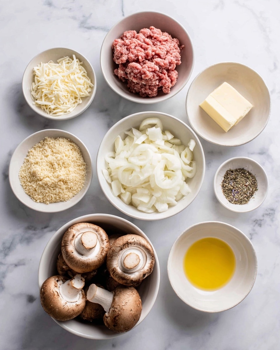 The image shows eight white bowls arranged on a white marbled surface, each filled with different food ingredients. The largest bowl at the bottom holds whole brown mushrooms with smooth caps. Above it, a bowl contains raw ground meat with a pinkish-red color. To its right, there is a bowl full of chopped white onions. Next to the onions, a smaller bowl holds minced garlic. Above the garlic, another small bowl has a mix of salt, pepper, and herbs. To the left of the seasoning, a medium bowl contains shredded white cheese. At the top right, a tiny bowl holds a square piece of butter. Finally, at the top left, a bowl is filled with golden breadcrumbs, and next to it on the right, a bowl has melted yellow butter. Photo taken with an iphone --ar 4:5 --v 7