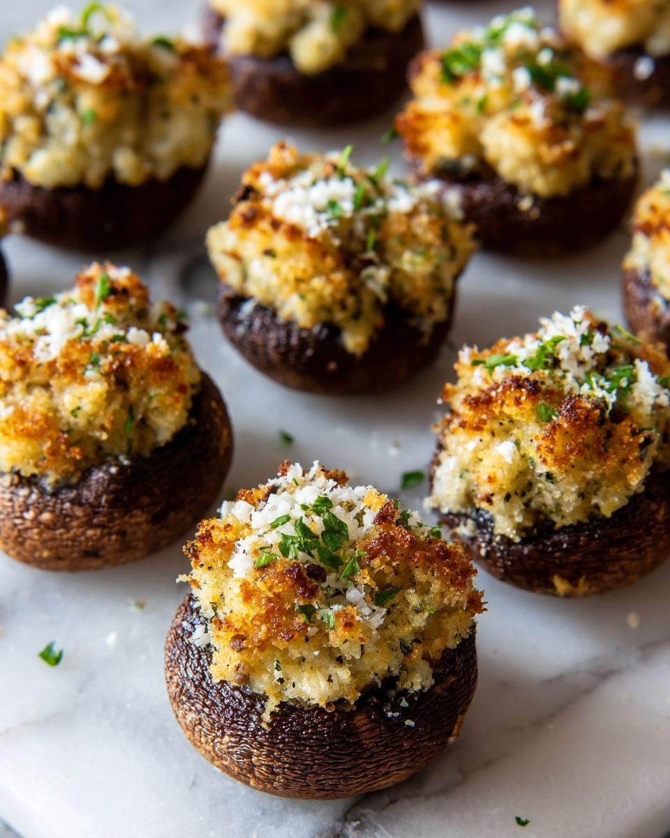 The image shows multiple small stuffed mushrooms arranged closely together on a surface with a white marbled texture. Each mushroom has a dark brown base with a textured, golden-brown filling piled on top. The filling appears crumbly and slightly browned with small orange bits visible. They are garnished with finely chopped green herbs and small white shreds that resemble cheese, adding a fresh detail to the dish. The light shines softly, highlighting the texture and color contrast between the mushroom caps and the filling. photo taken with an iphone --ar 4:5 --v 7