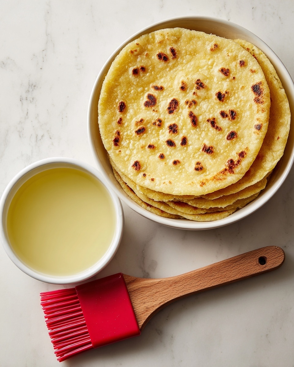 A stack of golden yellow tortillas with visible texture and grill marks sits on the right side of a white bowl filled with a pale yellow liquid on the left, both placed on a white marbled surface. Below them lies a long wooden-handled brush with bright red silicone bristles, positioned horizontally across the bottom part of the image. photo taken with an iphone --ar 4:5 --v 7