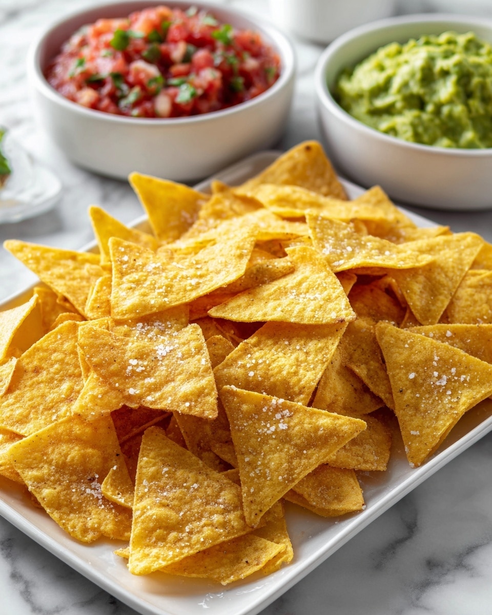 A white rectangular plate is filled with a large pile of golden-yellow triangular tortilla chips, with some overlapping each other, showing a crispy textured surface with small bubbles. In the background, there are two white bowls, one on each side, slightly out of focus; the left bowl holds vibrant red salsa with visible small chunks of tomatoes and herbs, while the right bowl contains green guacamole with a smooth, creamy texture. The background surface is a white marbled texture. photo taken with an iphone --ar 4:5 --v 7