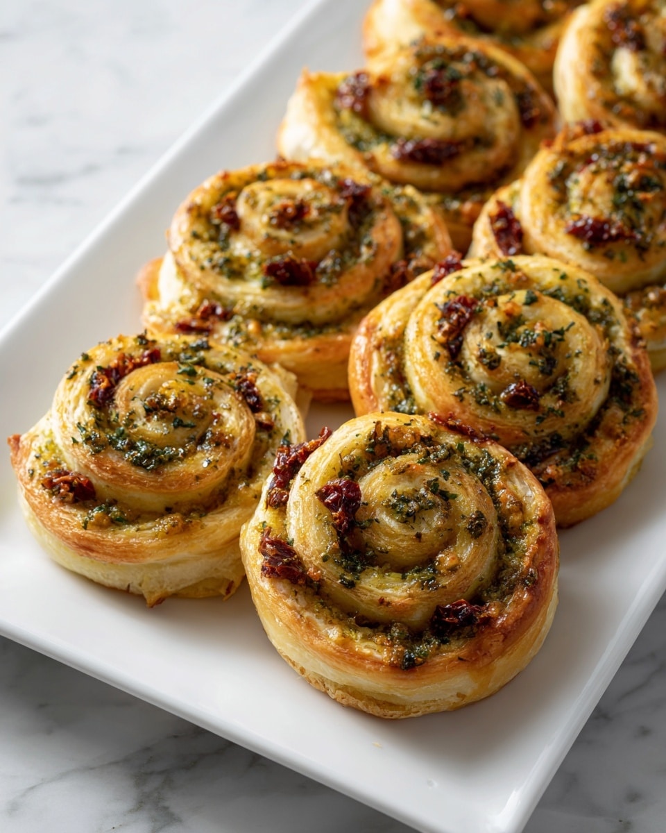 A stack of golden-brown puff pastry pinwheels sits on a white cake stand with a simple, smooth base, placed on a white marbled surface. Each pinwheel has two visible layers of flaky pastry spiraled together with a slightly crispy texture, filled with small green bits and dark brown spots suggesting herbs and sun-dried tomatoes. The top layer of the pastries glistens lightly, showing a delicate, uneven texture made by the puff pastry. The background is bright and softly blurred, keeping focus on the warm, inviting swirls of the pastries. photo taken with an iphone --ar 4:5 --v 7