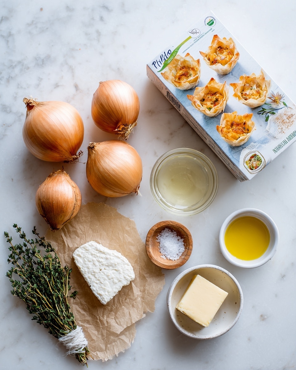 The image shows a white marbled surface with several cooking ingredients arranged neatly. At the top right is a white box of Phyllo Shells with pictures of golden, flaky shells filled with various toppings. Below the box are four whole onions, light brown and creamy in color with smooth textured skins. To the right of the onions is a small glass container holding a pale yellow liquid and a small wooden bowl with coarse salt. At the bottom left is a wedge of soft white cheese with a smooth surface resting on a piece of brown paper. Next to the cheese is a small bunch of fresh green thyme tied with white string. To the right of the thyme are two small white ceramic bowls, one with a yellow liquid (likely olive oil) and the other with a pale yellow square of butter. The overall scene is bright and clean, with ingredients spaced evenly on the white marbled surface photo taken with an iphone --ar 4:5 --v 7