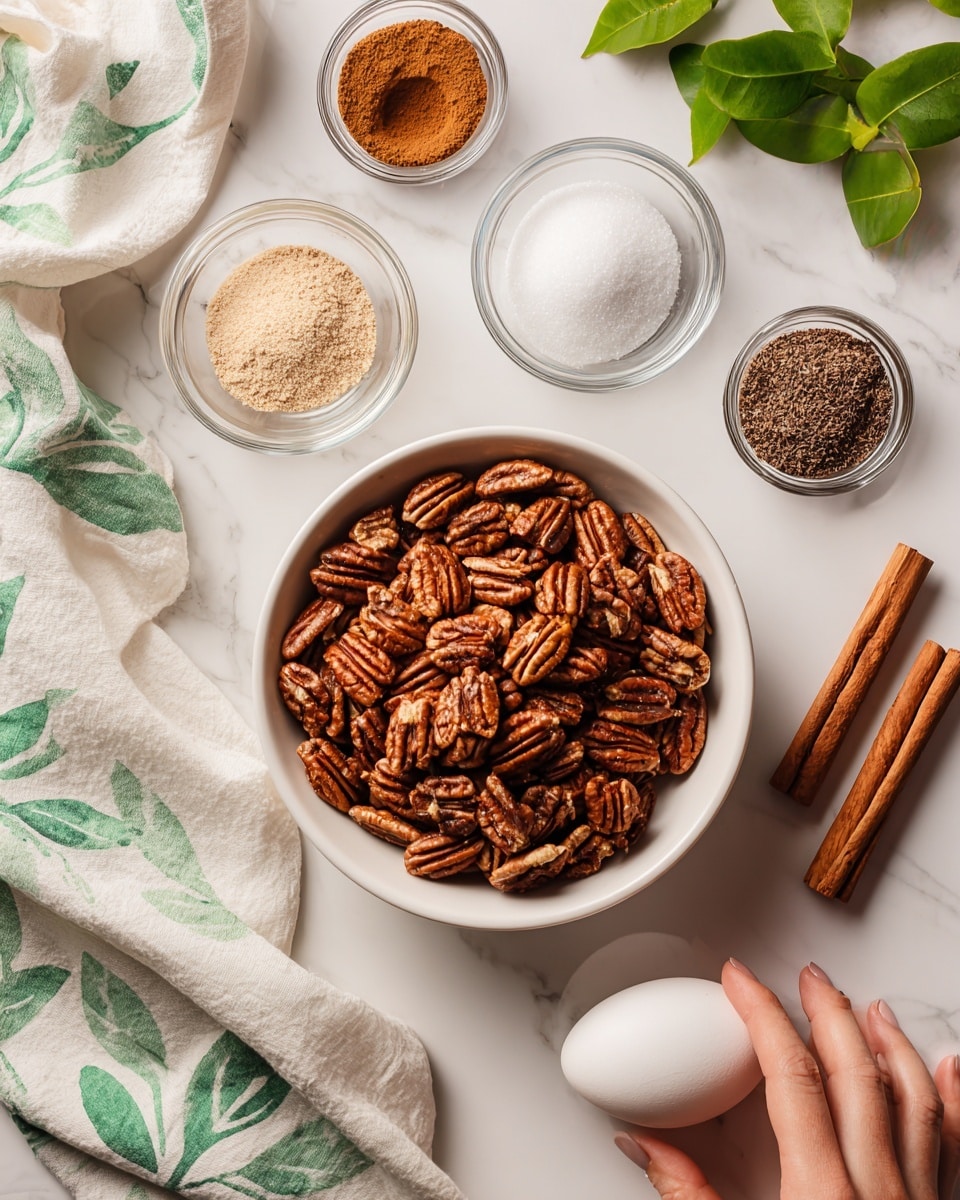 The image shows a top view of a white bowl filled with brown pecans in the center, surrounded by small clear glass bowls containing white sugar, brown cinnamon powder, a light beige powder, and several dark cloves. A white egg is placed below the bowls, with three cinnamon sticks aligned horizontally next to it. A white cloth with green leaf patterns is partially visible on the left side over a white marbled surface. A woman's hand is gently touching the right edge of the cloth. The scene is bright and clean, emphasizing the warm brown tones of the spices and nuts. photo taken with an iphone --ar 4:5 --v 7