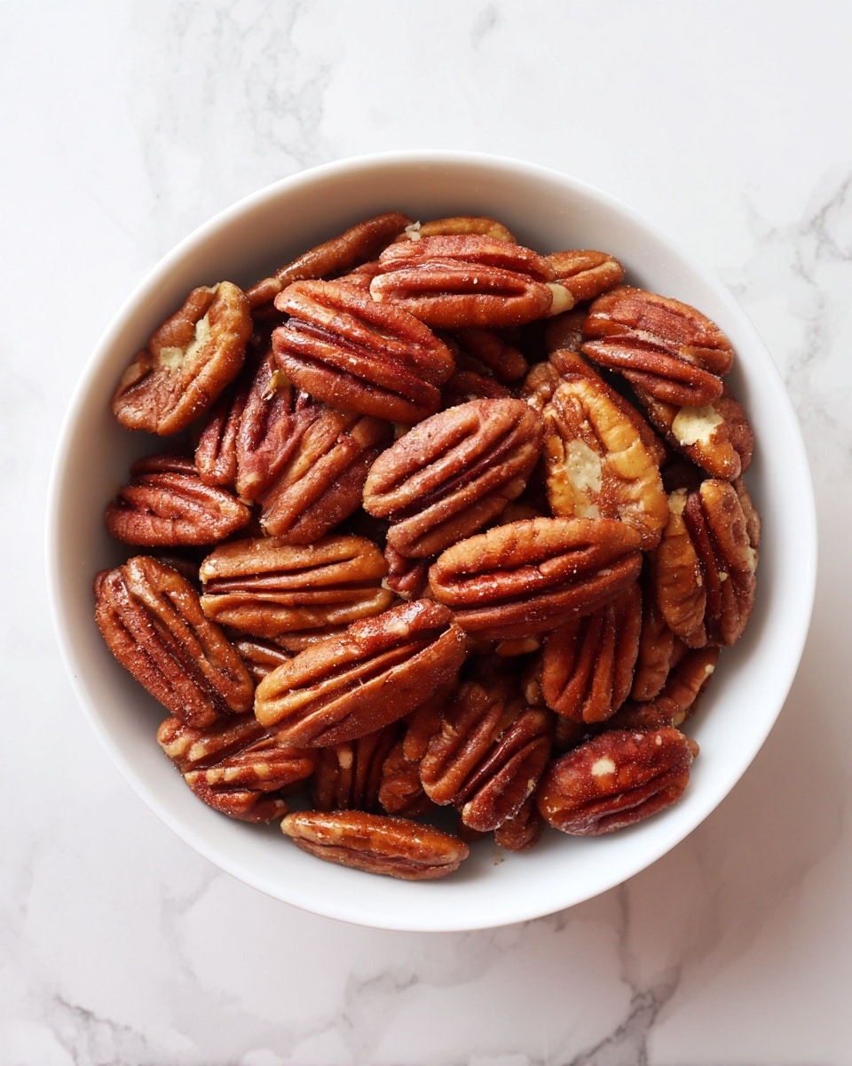 A close-up image of a white bowl full of glossy roasted pecans. The pecans have a rich, warm brown color with some darker roasted spots and a slightly shiny texture, showing their caramelized coating. The bowl is filled to the top, with some pecan halves overlapping each other in layers. The background is a white marbled surface, highlighting the nuts' warm tones. Photo taken with an iphone --ar 4:5 --v 7