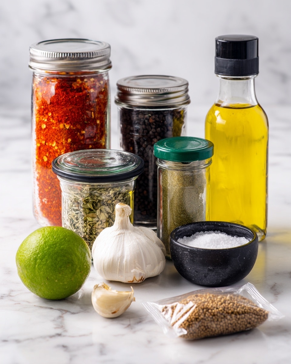 The image shows a group of ingredients placed on a white marbled surface. From left to right, there is a glass jar with a silver lid filled with red crushed pepper flakes, followed by a dark jar of chili powder with a black lid. Next is a glass jar with a green lid containing smoked paprika, a clear glass container with dried oregano and a black lid, a peeled white garlic bulb, a green lime, a small black bowl filled with white salt, a clear bottle of yellow oil, and a transparent plastic packet of ground cumin seeds lying flat in front. All items are well arranged in a single row. Photo taken with an iphone --ar 4:5 --v 7