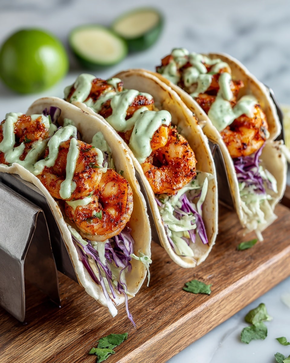 Three soft corn tortillas stand upright in a white taco holder on a wooden board. Each taco has a base layer of shredded cabbage, mixing white and purple colors with a slight crunch texture. On this cabbage layer, there are two to three large, reddish-orange seasoned shrimp with a slightly charred look on each taco. On top of the shrimp, a light green creamy sauce is drizzled in a wavy line across each taco. On the wooden surface near the tacos, there is a green jalapeño on the left and a wedge of lime on the right, with small green herb pieces scattered around. The background is a white marbled texture. photo taken with an iphone --ar 4:5 --v 7