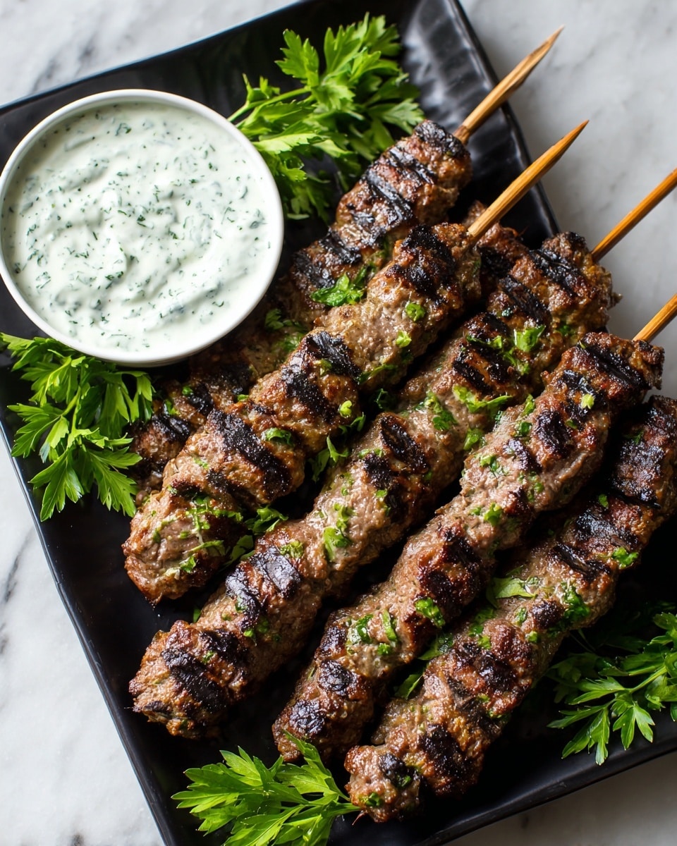 Seven grilled meat kebabs with dark grill marks are laid out in a row on a black tray. The kebabs are brown with bits of green herbs and small white pieces inside the meat. Fresh green parsley sprigs are placed both beneath and among the kebabs, adding bright green color. A small white bowl filled with a creamy white sauce mixed with green herbs sits in the upper right corner of the tray. The tray rests on a white marbled surface. Photo taken with an iphone --ar 4:5 --v 7