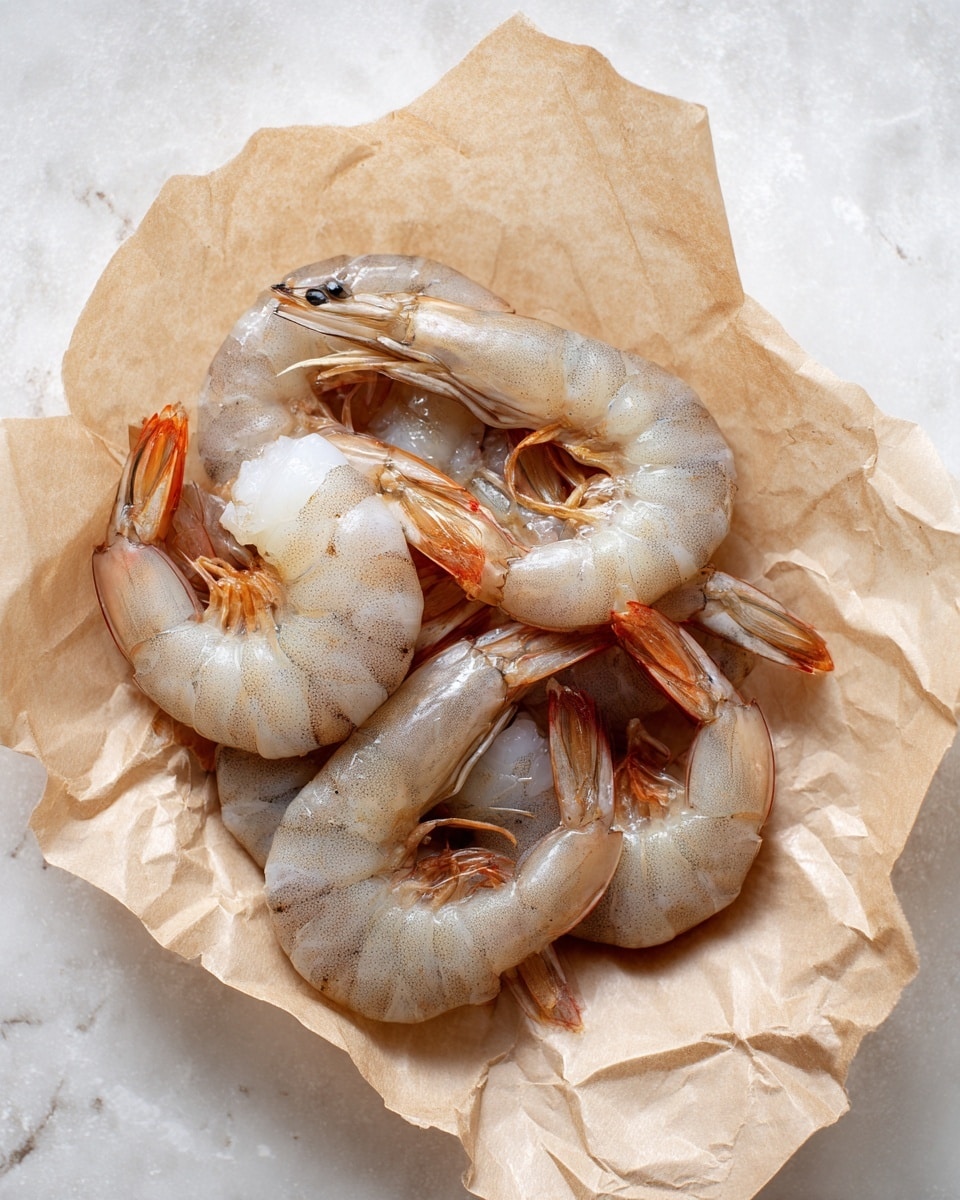 Several raw shrimp with light grayish bodies and orange-red tails are placed in the center of crumpled light brown parchment paper. The shrimp have a glossy, slightly wet texture, and they lie curled close together on the paper, which is laid flat on a white marbled surface. The shrimp's shells show some translucent parts with visible lines and segments. photo taken with an iphone --ar 4:5 --v 7