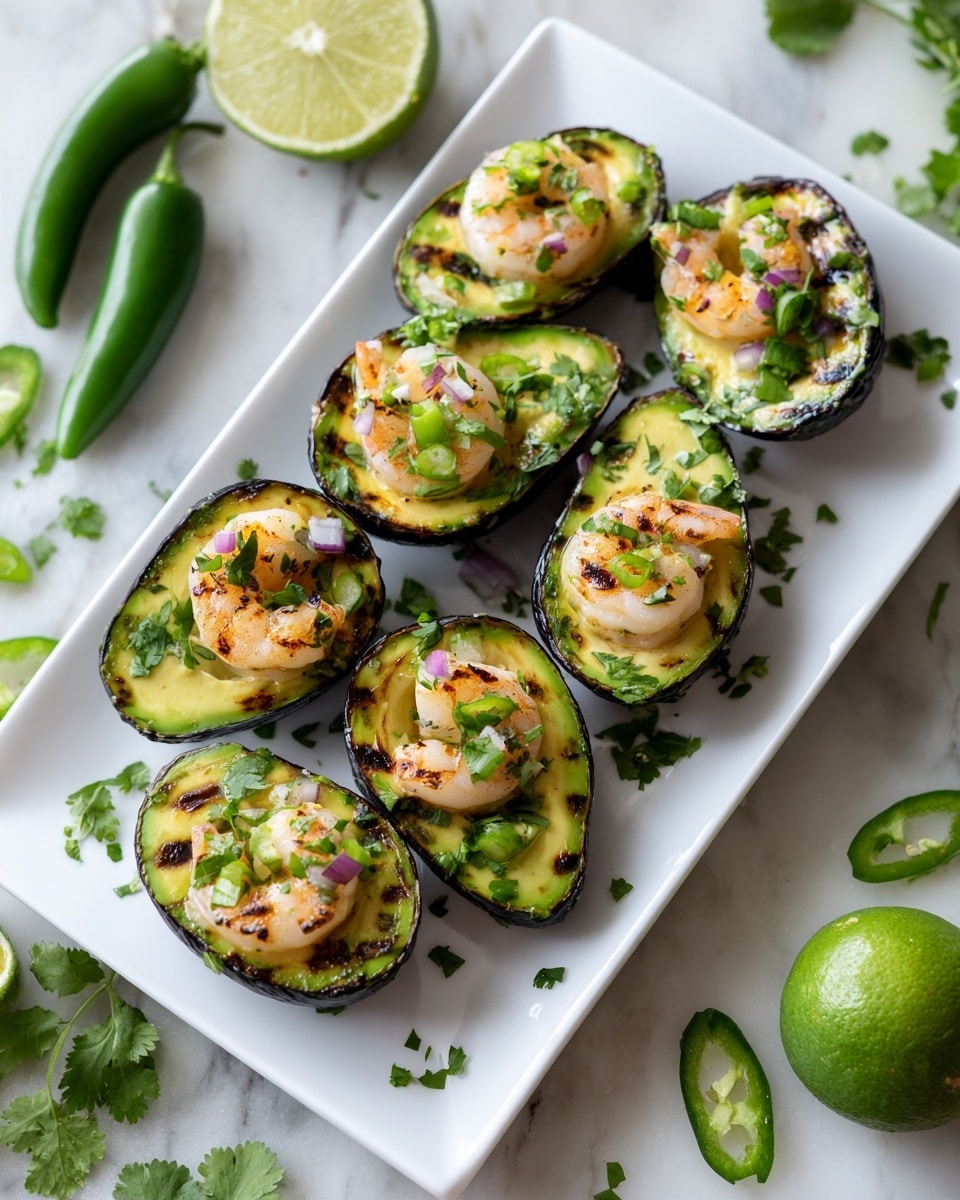 Six grilled avocado halves arranged on a white rectangular plate, each filled with small pieces of pink and white cooked shrimp. The avocado flesh is bright green with char marks in a grid pattern, and each shrimp topping is garnished with chopped fresh green herbs and thin slices of green chili. The plate sits on a white marbled surface with lime halves, whole green chilies, and scattered chopped herbs around it. The scene is well-lit with a clean and fresh look. photo taken with an iphone --ar 4:5 --v 7