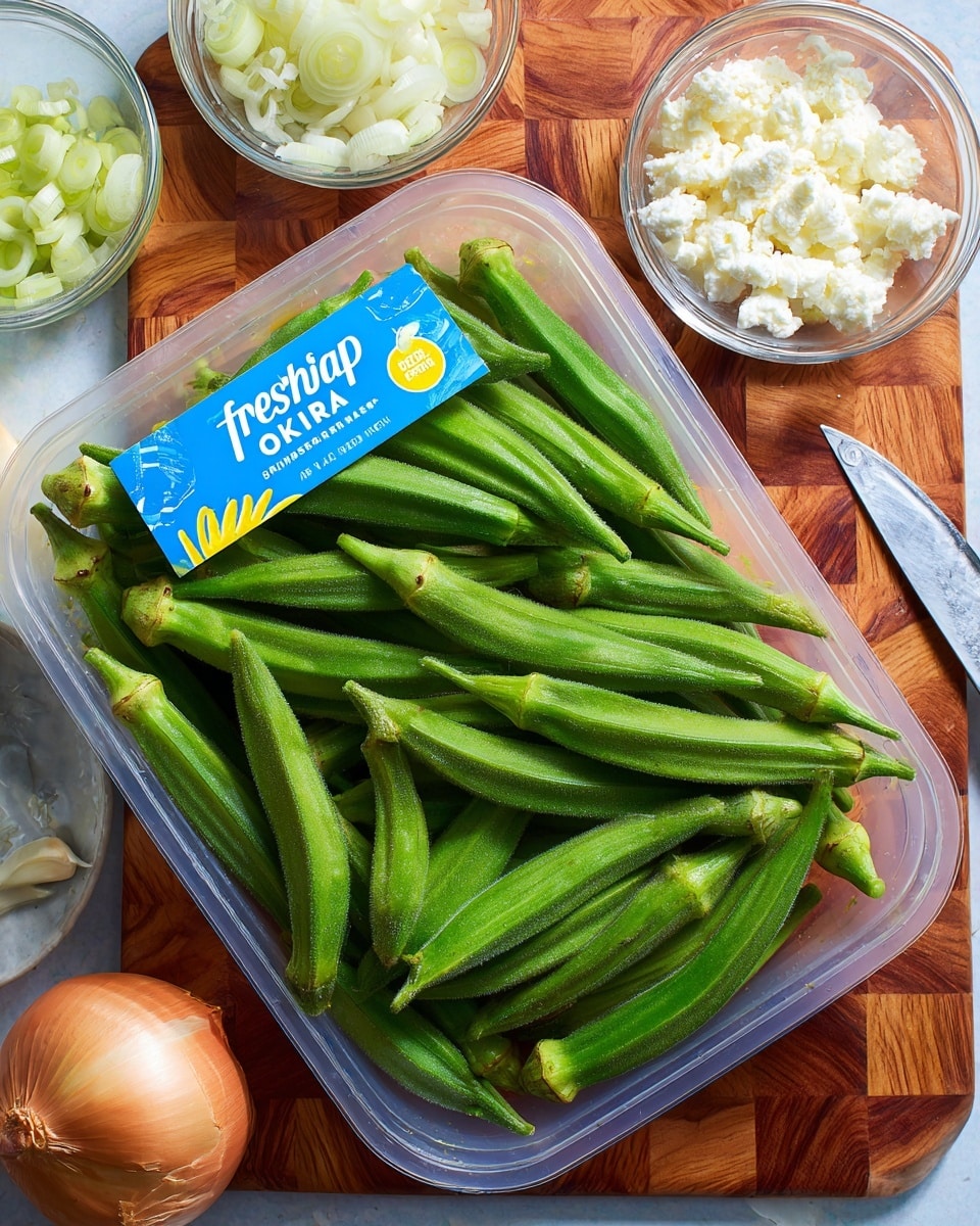 A clear plastic container filled with fresh green okra, each okra pod long and slightly curved, lies in the center of the image. The container has a blue and white label that says