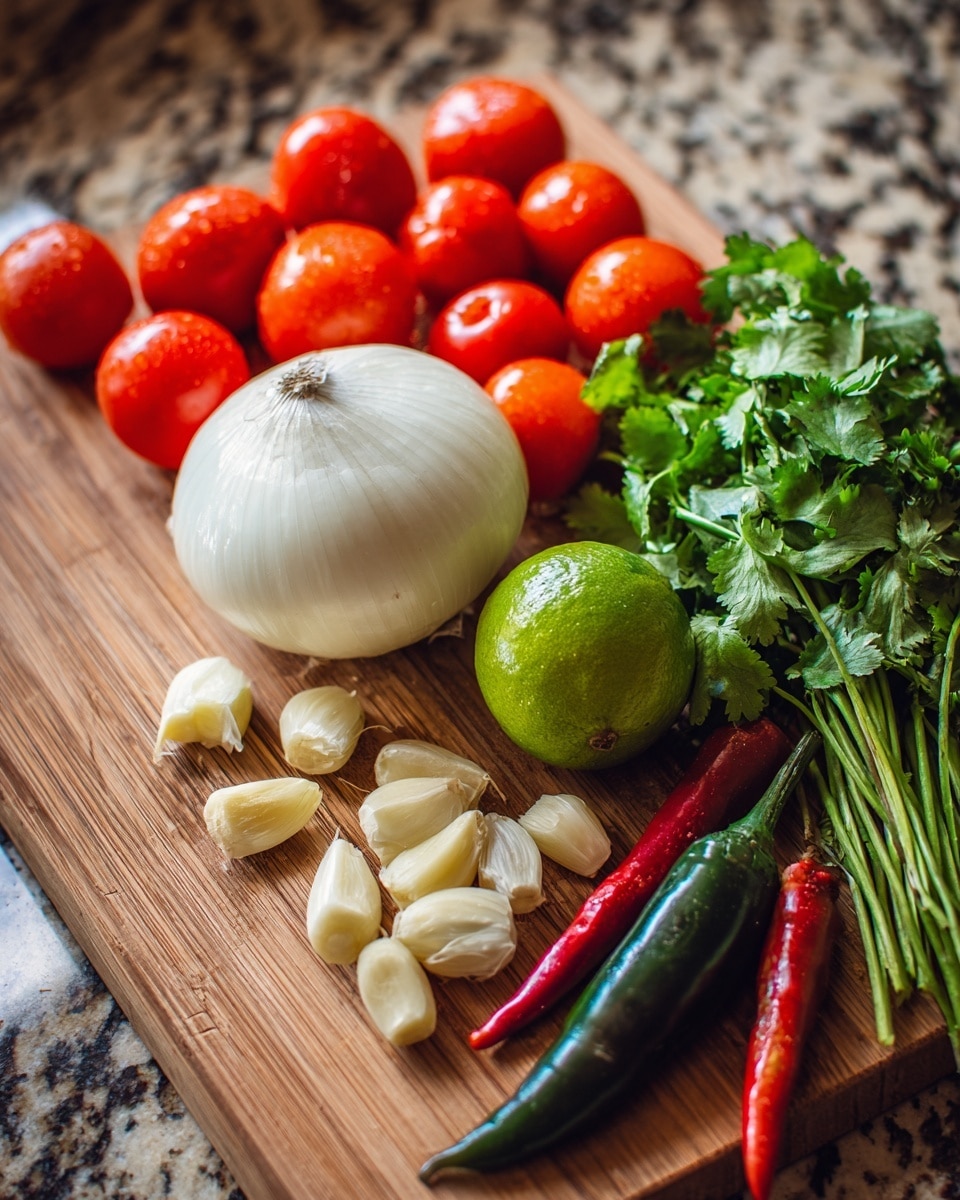 The image shows a collection of fresh ingredients arranged on a wooden cutting board. On the left side, there are eight small, bright red tomatoes grouped together. To the right of the tomatoes, a whole light green lime sits near a large white onion. In front of the onion, there are three pale yellow garlic cloves spread out. On the right side, a bunch of fresh green cilantro with leafy stems is placed behind two chili peppers — one bright red and one dark green. The background features a granite countertop, but for the prompt, imagine a white marbled surface photo taken with an iphone --ar 4:5 --v 7