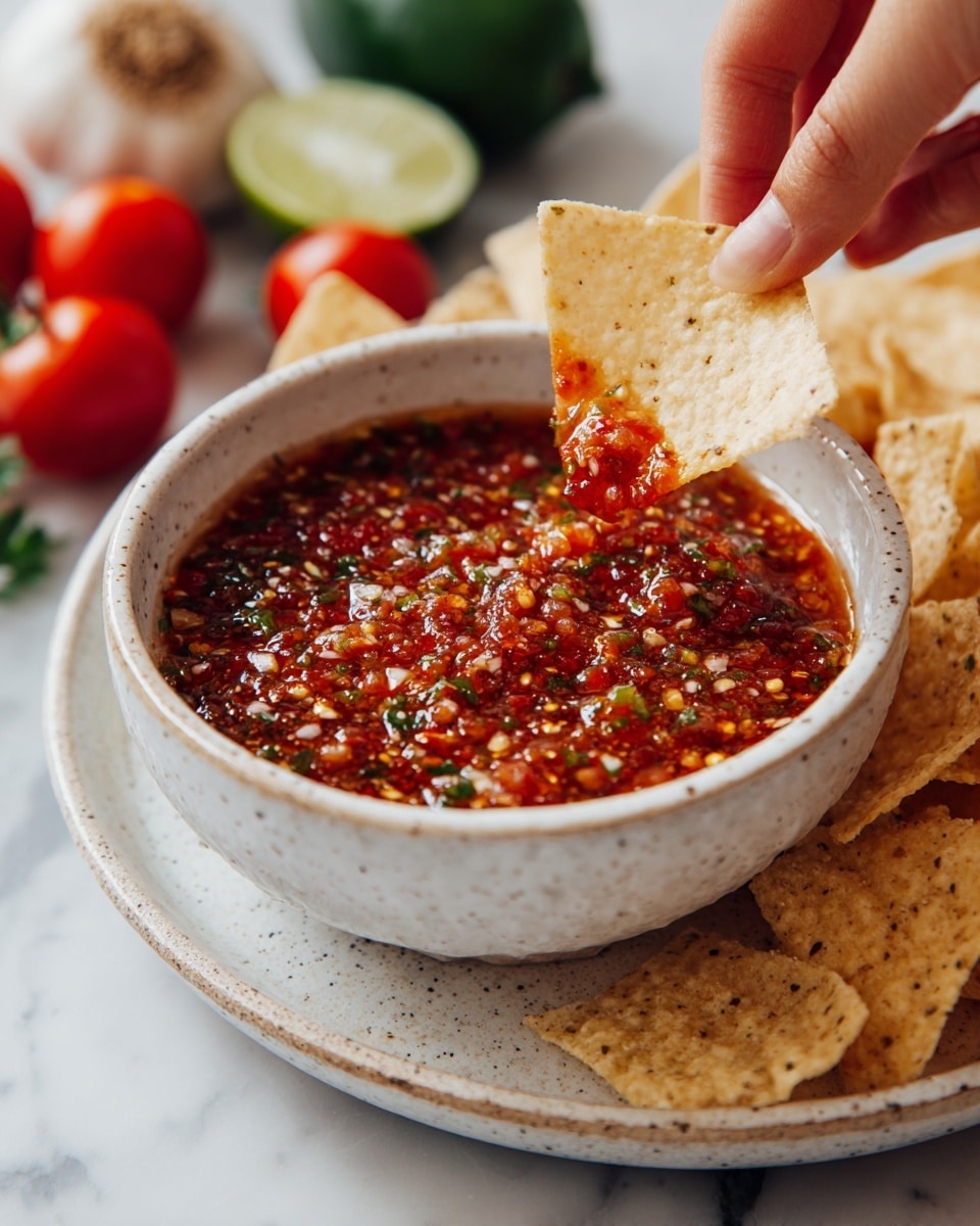 A bowl filled with chunky reddish-brown salsa that has visible small green herb bits and seeds, placed on a white plate with light brown speckles, surrounded by several triangular tortilla chips. A woman's hand is holding one chip dipped in the salsa just above the bowl. In the background, there are fresh whole tomatoes, a garlic bulb, a lime, and cilantro on a white marbled surface. A lime wedge is also placed on the surface near the plate. photo taken with an iphone --ar 4:5 --v 7