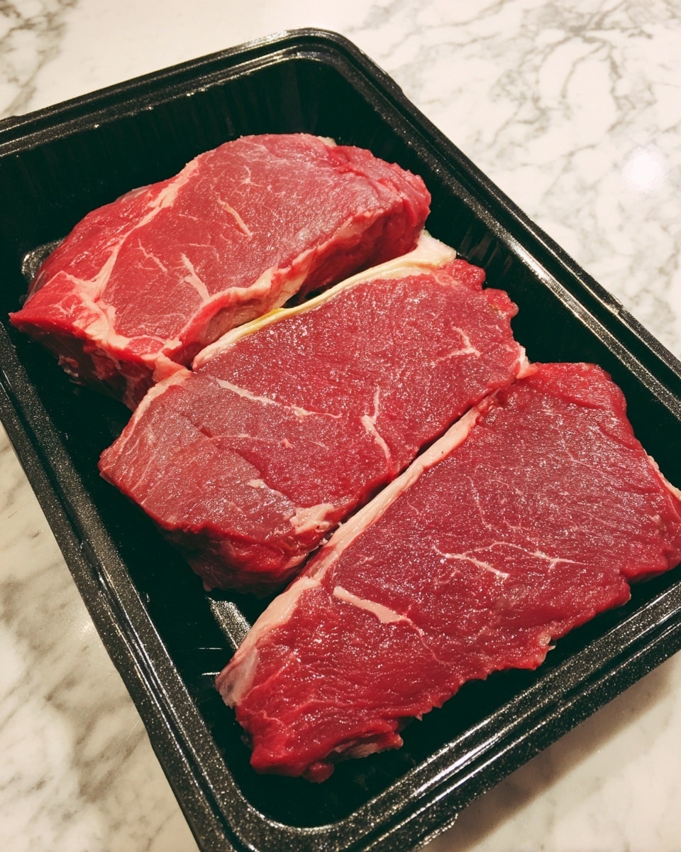 The image shows three large pieces of raw red meat with white fat streaks, lying flat inside a black plastic tray. The meat pieces have a textured surface with visible muscle fibers and fat patches. The tray is placed on a white marbled surface. Photo taken with an iphone --ar 4:5 --v 7
