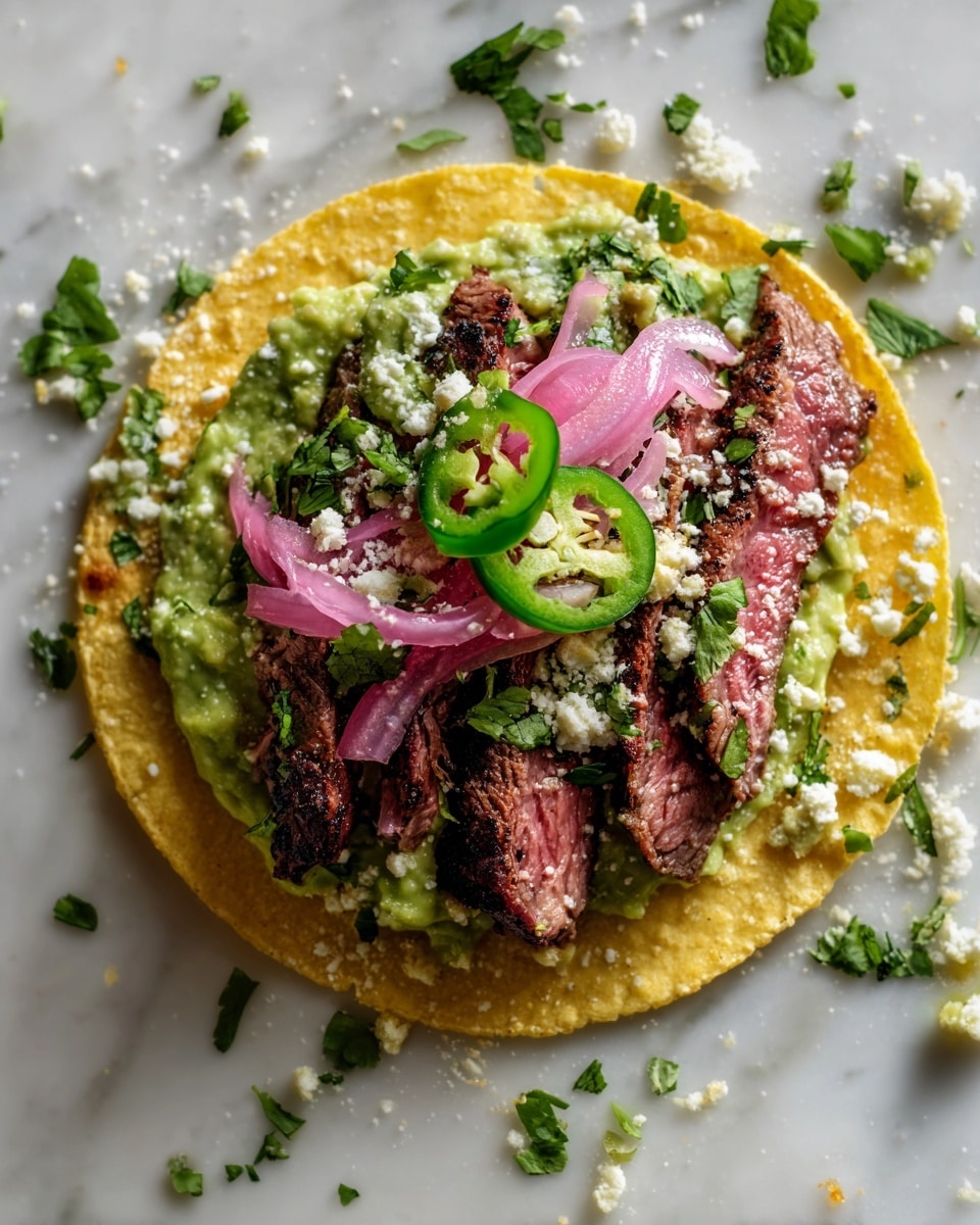 A white plate with speckled texture holds a long grilled steak, sliced into eight pieces arranged in a row showing a reddish-pink center with a dark brown grilled crust. A whole piece of the steak rests above the sliced pieces, displaying a glossy charred surface. On the left side of the plate, a small bunch of fresh green cilantro leaves adds color, along with two lime wedges near the top left edge. The plate sits on a white marbled surface. Photo taken with an iphone --ar 4:5 --v 7