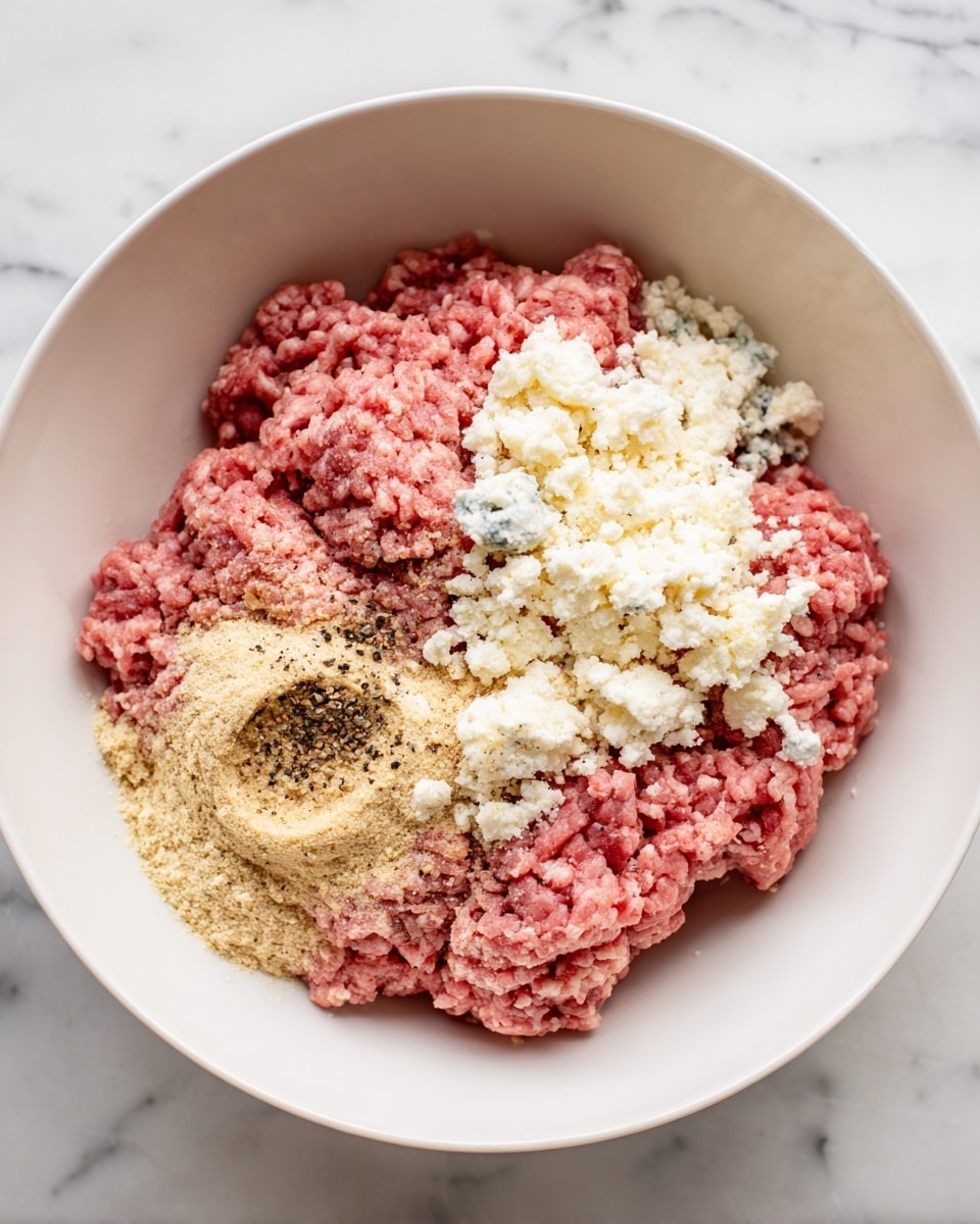 In a white bowl, there is a pile of raw ground meat as the main layer, with its pink texture showing. On the right side of the meat, there is a layer of white crumbled cheese with some dark blue spots. On the left side near the bottom of the meat, a smaller amount of beige powder is scattered. Above this powder and to the left, there is a light brown creamy dollop. The meat is sprinkled with black pepper on top. The bowl is placed on a white marbled surface. photo taken with an iphone --ar 4:5 --v 7