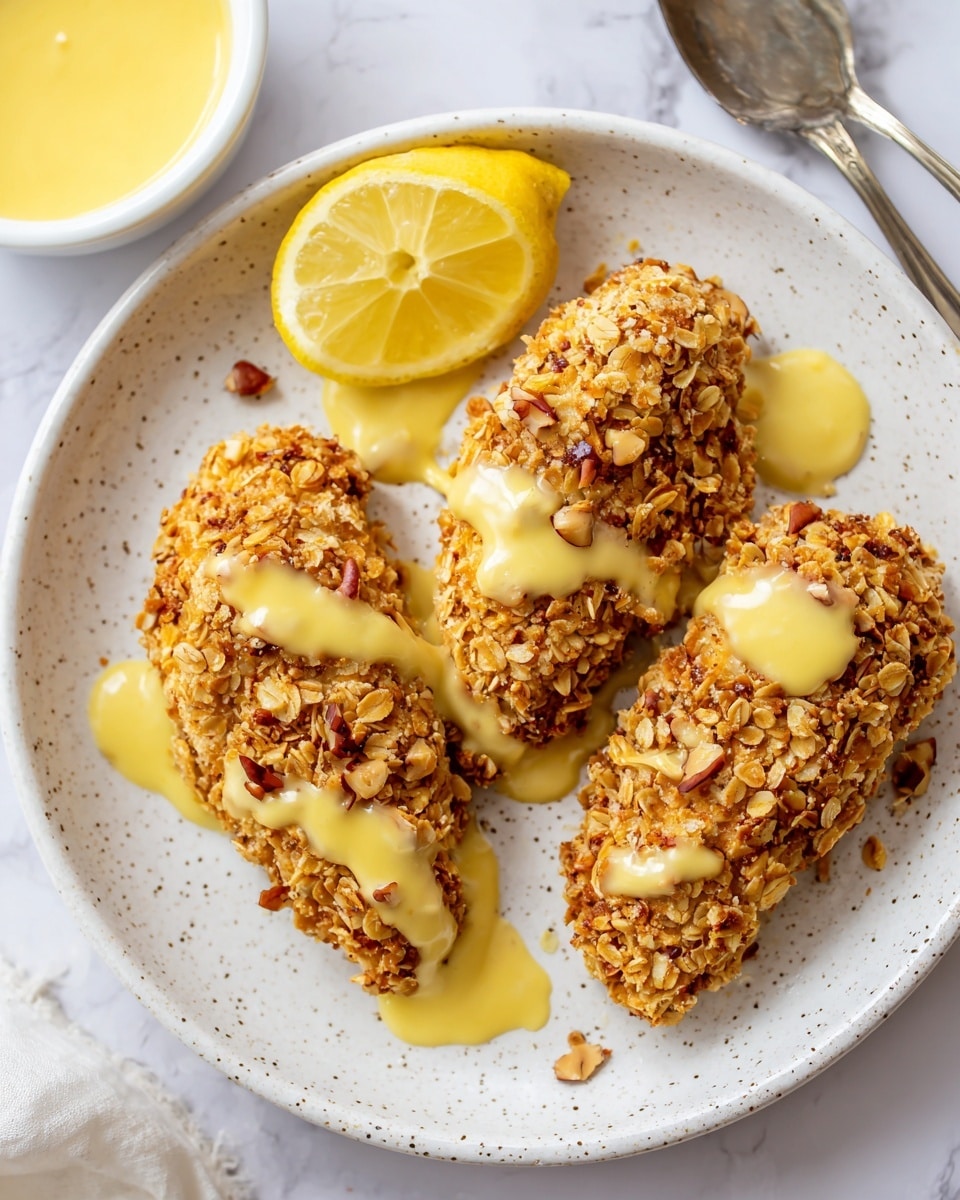 Three pieces of golden brown crunchy coated chicken are arranged on a white speckled plate. Each chicken piece is thick and textured with visible crunchy bits and is drizzled with a light tan honey mustard sauce in a casual zigzag pattern. A wedge of bright yellow lemon sits near the center of the plate, adding a fresh touch. The background is a white marbled surface with part of a white bowl filled with honey visible at the top edge. Photo taken with an iphone --ar 4:5 --v 7