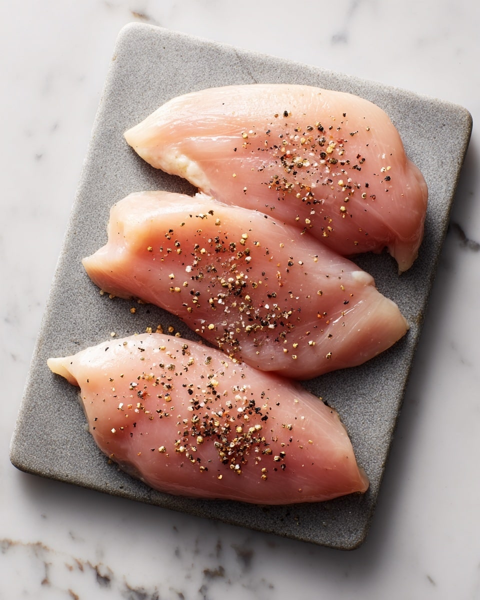 The image shows three thin, pale pink pieces of raw chicken lightly sprinkled with black pepper, placed on a gray cutting board. The chicken pieces have a slightly uneven texture and are arranged in a loose triangular shape, overlapping slightly near the edges. The cutting board is set on a white marbled surface with faint gray and beige patterns. Photo taken with an iphone --ar 4:5 --v 7