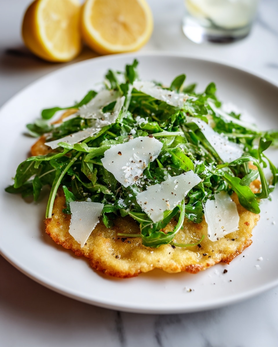 The dish has a base layer of a golden-brown crispy patty with a crunchy texture placed flat on a white plate. On top of this layer, there is a generous pile of fresh green arugula leaves, bright and slightly glossy. Scattered over the arugula are thin, pale yellow cheese shavings that add a light contrast. Some black pepper is sprinkled lightly over the salad and the plate edges. The plate sits on a light-colored softly wrinkled cloth and the background has a white marbled texture. Photo taken with an iphone --ar 4:5 --v 7