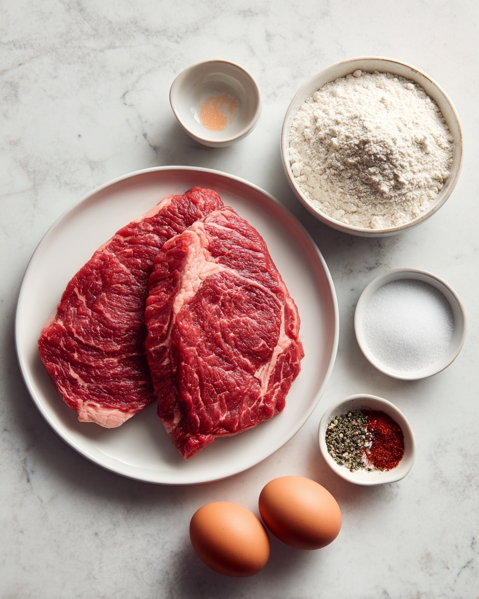 A white plate on a white marbled surface holds two large raw beef slices with a red and slightly textured surface. To the right, there is a small round white bowl filled with fine white flour and next to it a smaller white bowl with a light gray powder. Below the bowls, a small white plate holds two brown eggs with smooth shells. At the bottom right, there is a small white bowl with a mix of ground black and red pepper. Everything is placed neatly with soft, natural light, showing clear texture details. photo taken with an iphone --ar 4:5 --v 7