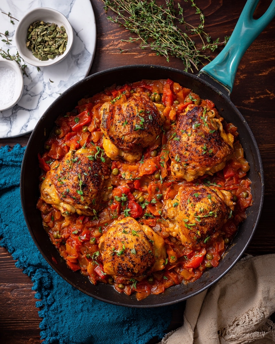 A round black cast iron pan with four browned chicken thighs arranged in a square inside. The chicken thighs have a crispy, golden-brown skin with small green herbs on top. Beneath and around the chicken, there is a rich red tomato sauce with chunks of tomato, red bell pepper strips, and capers scattered throughout. A small sprig of fresh thyme is placed in the center on top of the sauce. The pan rests on a dark wooden table with a white marbled texture surface in the background. A white cloth and two small white bowls filled with capers and dried herbs are arranged near the pan. photo taken with an iphone --ar 4:5 --v 7