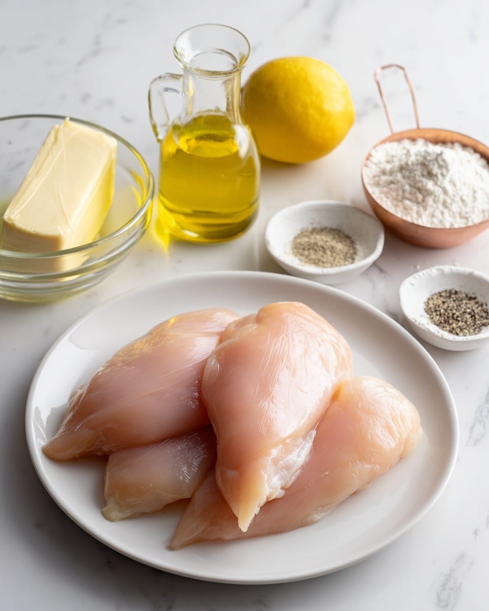 A white round plate holds four raw chicken fillets arranged slightly overlapping, showing their pale pink, smooth texture. Surrounding the plate on a white marbled background are a stick of unsalted butter in light paper wrapping, a clear glass container of golden olive oil with a handle, a glass measuring cup filled halfway with amber-colored liquid, a whole lemon with a bright yellow rind, a small white ceramic bowl divided into three sections with salt, black pepper, and garlic powder, and a copper measuring cup filled with white flour. The scene is bright and clean, giving a fresh and simple cooking setup look. photo taken with an iphone --ar 4:5 --v 7