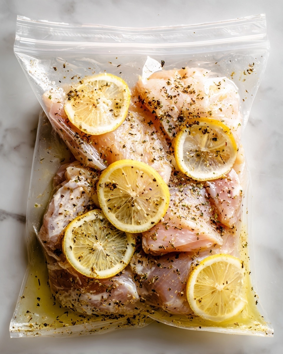 A clear plastic zip-lock bag lies flat on a white marbled surface. Inside the bag are pieces of raw chicken thighs, partly overlapping each other, pale pink with slight yellow fat visible. On top of the chicken are two thin lemon slices with pale yellow color and visible seeds in the middle. The chicken is sprinkled evenly with black pepper and herbs, giving a speckled look throughout. The edges of the bag are slightly wrinkled, and some marinade or seasoning juice collects at the bottom corner, showing a light yellow color. The overall composition looks fresh and ready for marinating. photo taken with an iphone --ar 4:5 --v 7