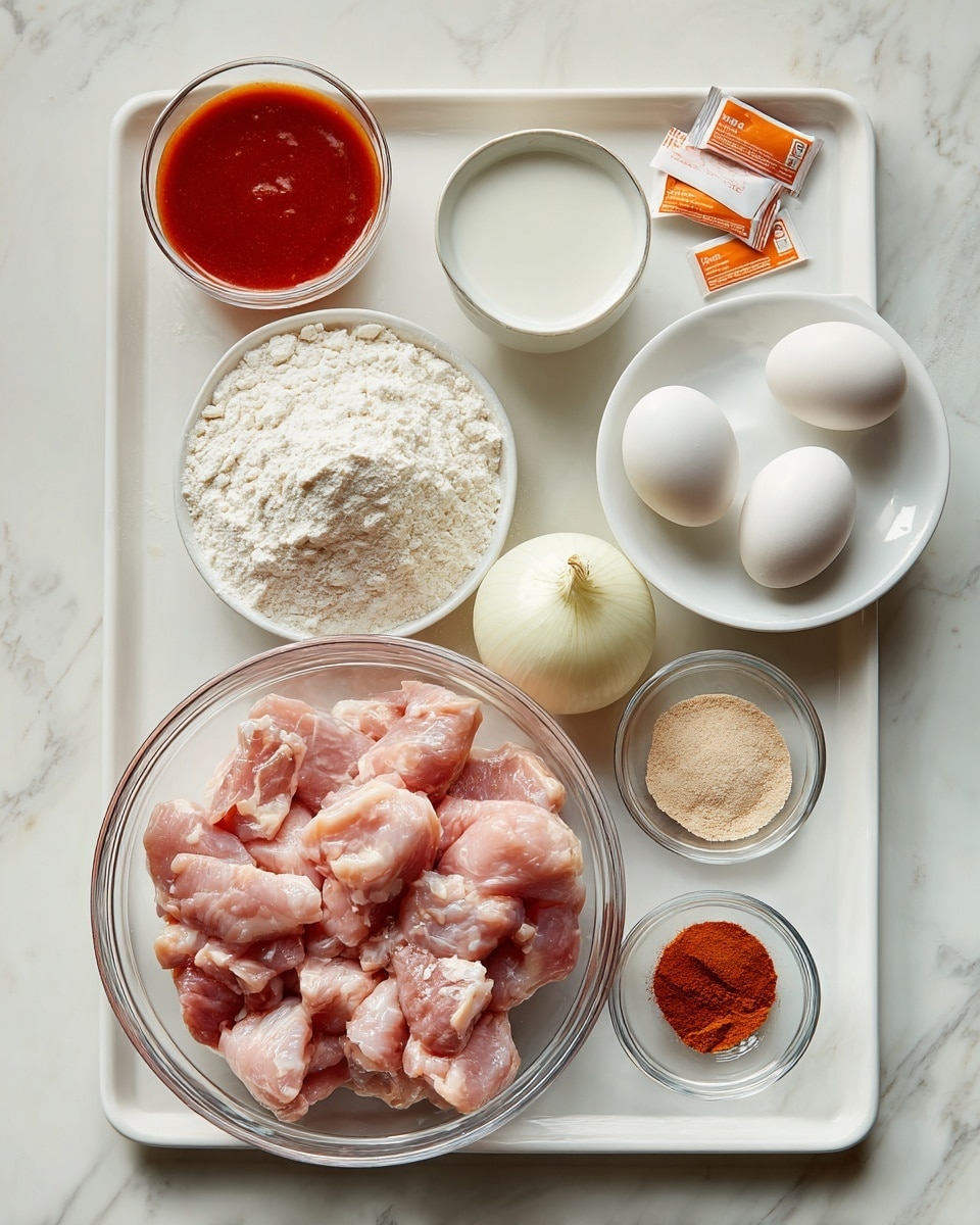 A white tray on a white marbled surface holds several ingredients arranged neatly. In the center is a clear glass bowl filled with raw, pink chicken pieces. Below and to the left is a larger clear glass bowl full of white flour. To the right of the chicken, there is a whole white onion and two small glass bowls with different powders, one beige and one reddish. Above the onion are two white eggs placed side by side. At the top left of the tray, there is a small container with red sauce, and next to it a small white bowl filled with a white liquid, likely milk or cream. There are also two small rectangular packets with orange wrappers beside the onion. photo taken with an iphone --ar 4:5 --v 7