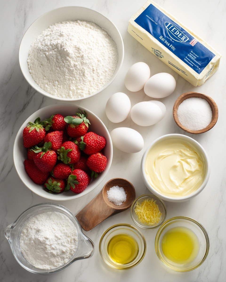 The image shows a white marbled surface with various cooking ingredients neatly arranged in white bowls and clear glass containers. There are two medium-sized white bowls with fine white sugar and flour, a bowl of fresh red strawberries with green leaves, and a block of cream cheese in blue packaging placed beside them. Four white eggs are in a white bowl, while a Pyrex glass measuring cup holds cream with a pale yellow tint. Small wooden bowls contain salt and baking powder, while clear glass bowls hold lemon juice, vanilla extract, vegetable oil, powdered sugar, and bright yellow lemon zest, all spread out in an orderly fashion. The photo taken with an iphone --ar 4:5 --v 7