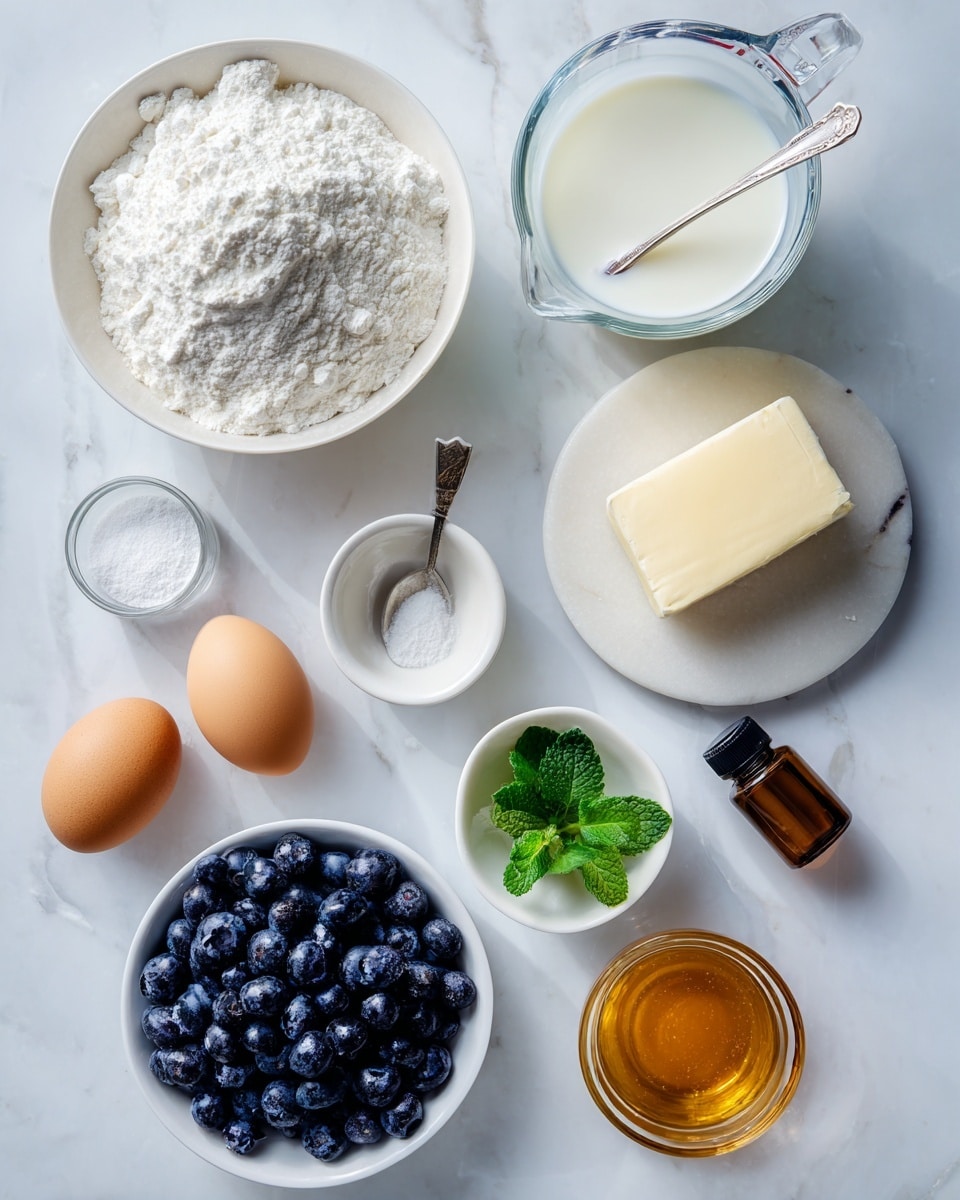 A white marbled surface holds nine items arranged in three rows, each item clearly separated. The top row has a white bowl filled with white flour on the left, a clear glass bowl with white sugar and a spoon in the middle, and a clear measuring cup with milk on the right. The middle row contains a small white dish with white powder and a spoon on the left, a white bowl with two brown eggs in the center, a round white marble coaster with a rectangular stick of light yellow butter next to it, and a small brown dropper bottle on the right. The bottom row shows a clear glass bowl filled with blue-black blueberries on the left, a small white dish with three green mint leaves in the middle, and a clear measuring cup with amber-colored honey on the right. The scene is bright and clean with soft natural light. photo taken with an iphone --ar 4:5 --v 7