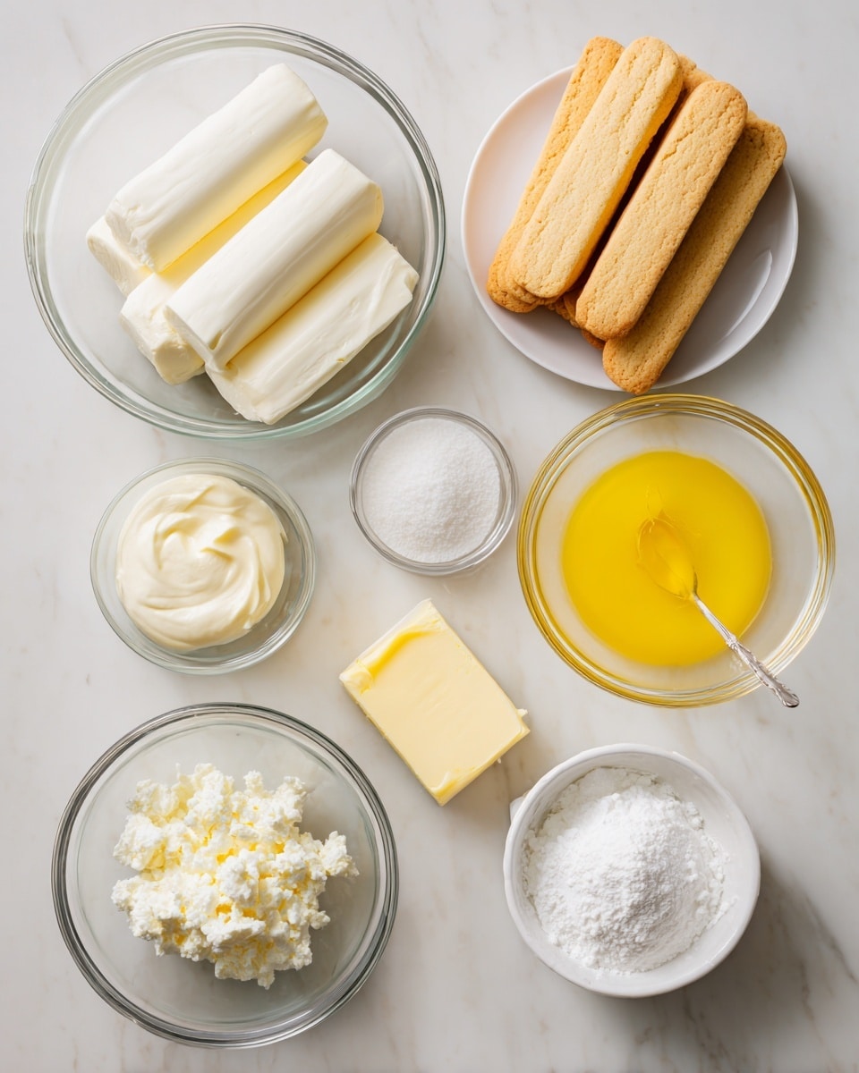 A top-down view of a recipe setup on a white marbled surface, featuring a clear glass bowl with three thick white blocks of cream cheese, a small carton of heavy cream nearby, a small glass bowl with bright yellow melted butter, another glass bowl holding seven golden brown rectangular biscuits, a clear glass bowl with fluffy white sugar, and a small white bowl with white soft cottage cheese. Photo taken with an iphone --ar 4:5 --v 7